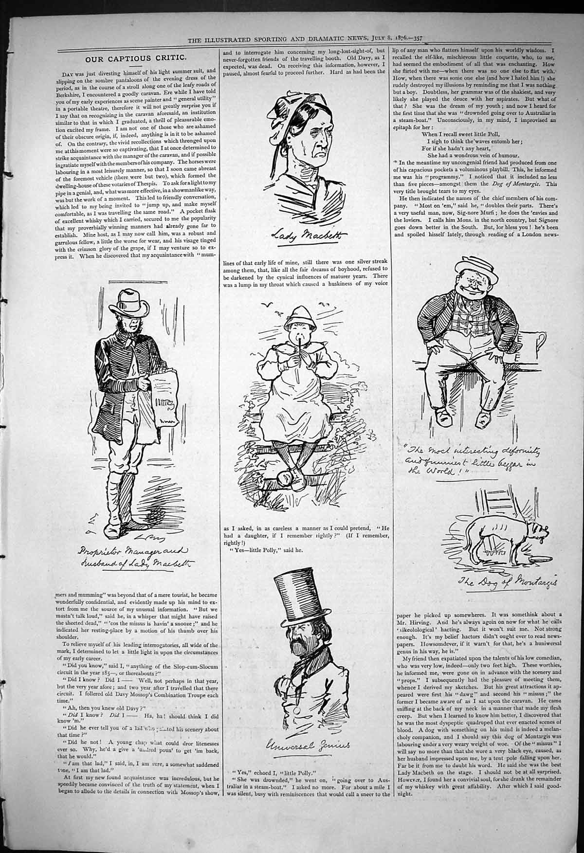 Original Old Antique Print 1876 Captious Critic Theatre Lady Macbeth Dog 19th