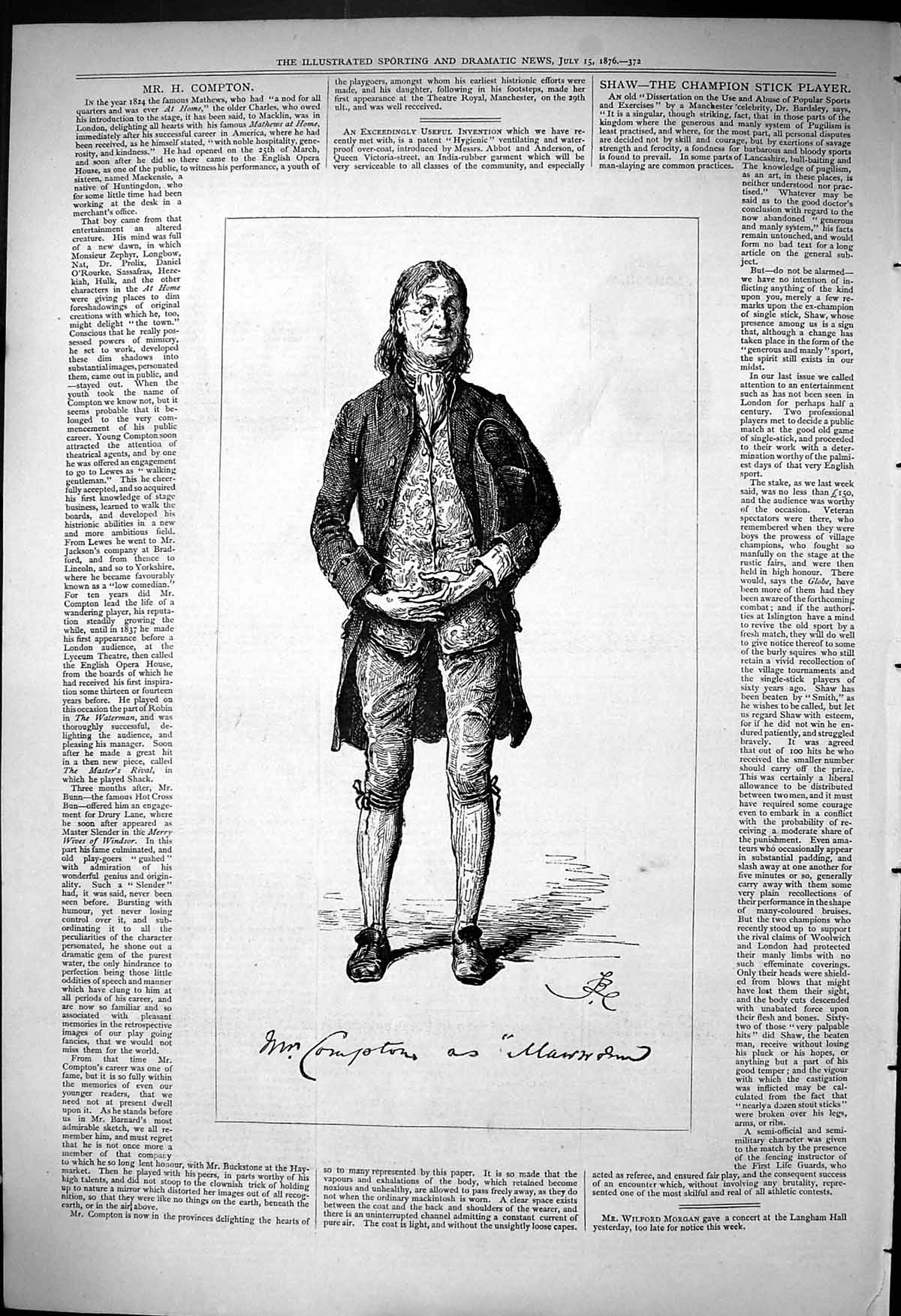 Original Old Antique Print 1876 Portrait Compton Mathews Home Theatre Victorian