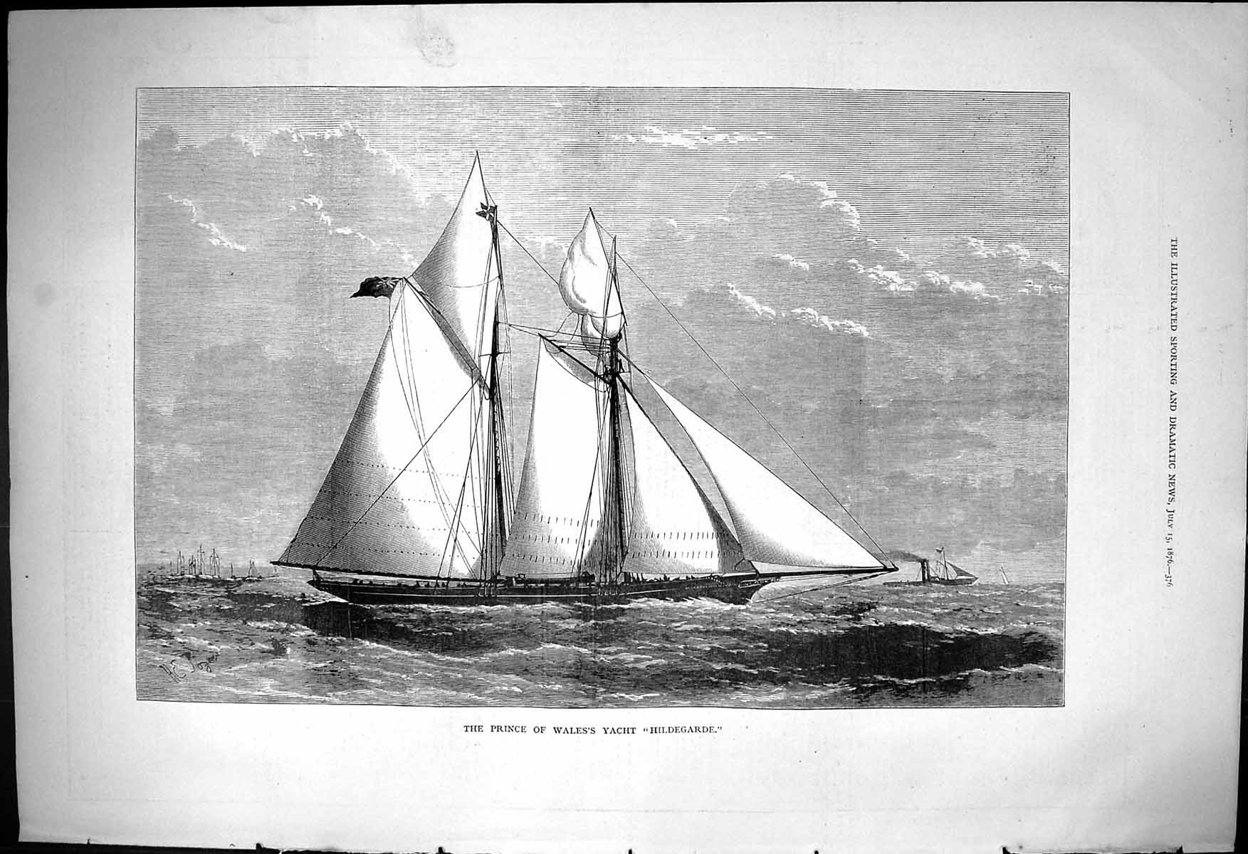 Original Old Antique Print 1876 Prince Wales Yacht Hildegarde Sailing Boat 19th
