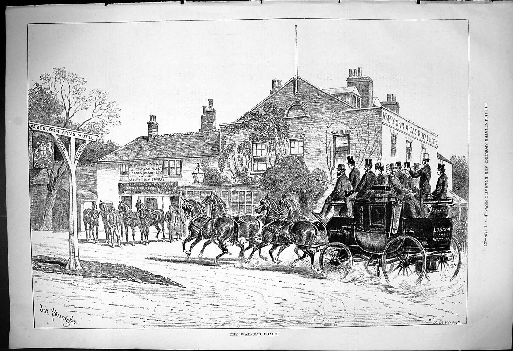 Antique Print 1876 Watford Coach Horses Transport Abercorn Arms Royal Hotel