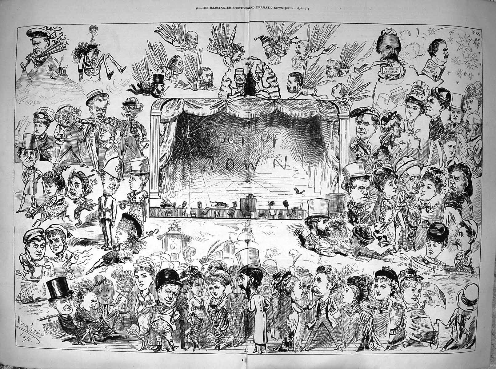 Original Old Antique Print 1876 Out Town Theatre Spectators Punch Times 19th