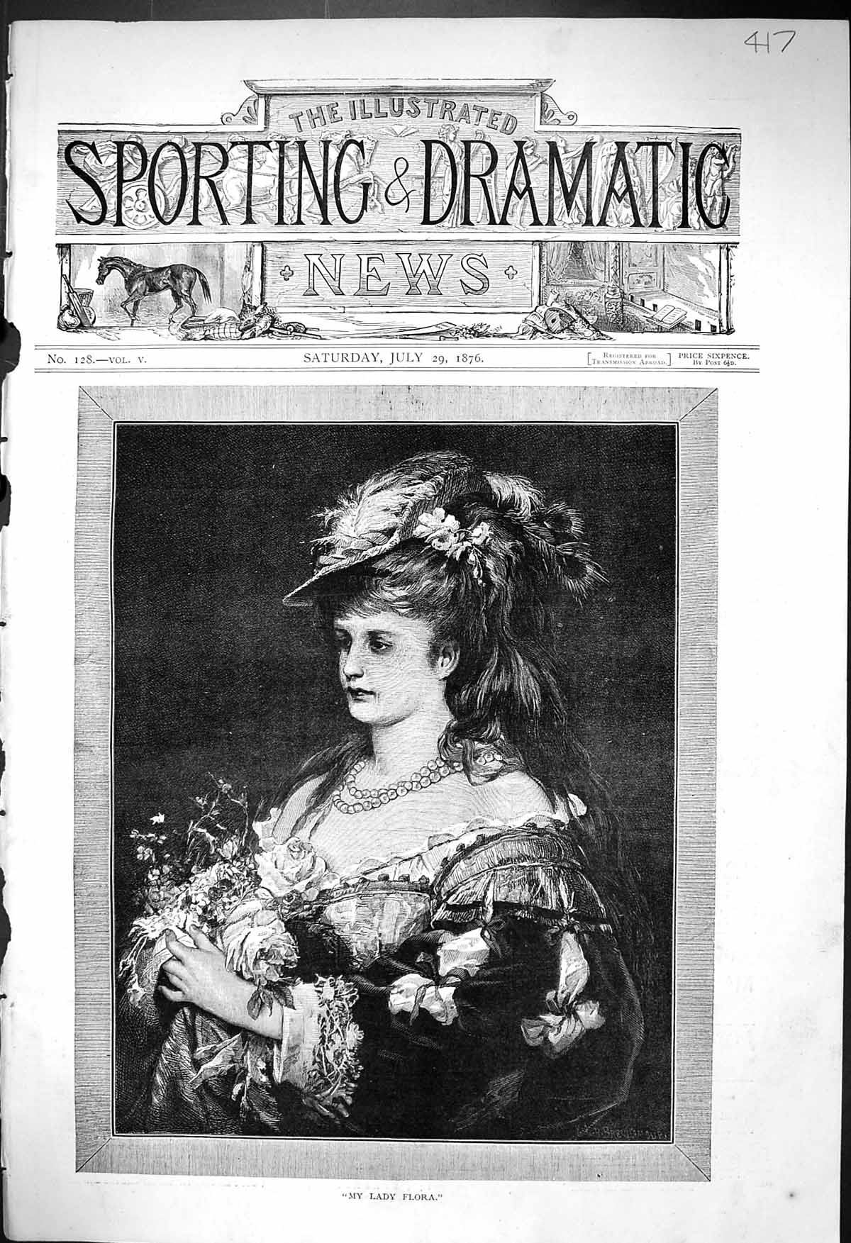 Original Old Antique Print 1876 Portrait My Lady Flora Beautiful Woman 19th