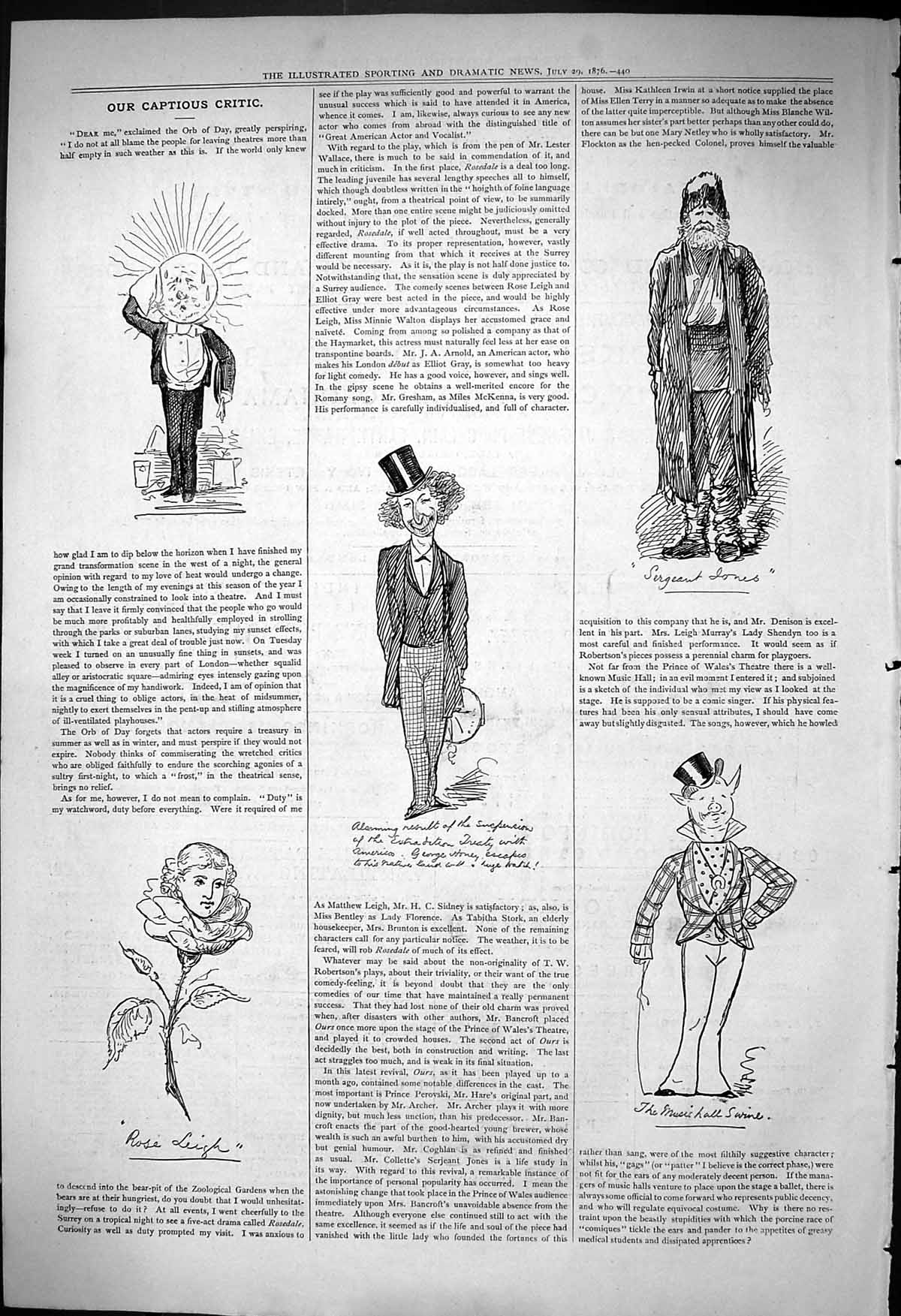 Old 1876 Captious Critic Theatre Music Hall Swine Sergeant Ones Rose Victorian