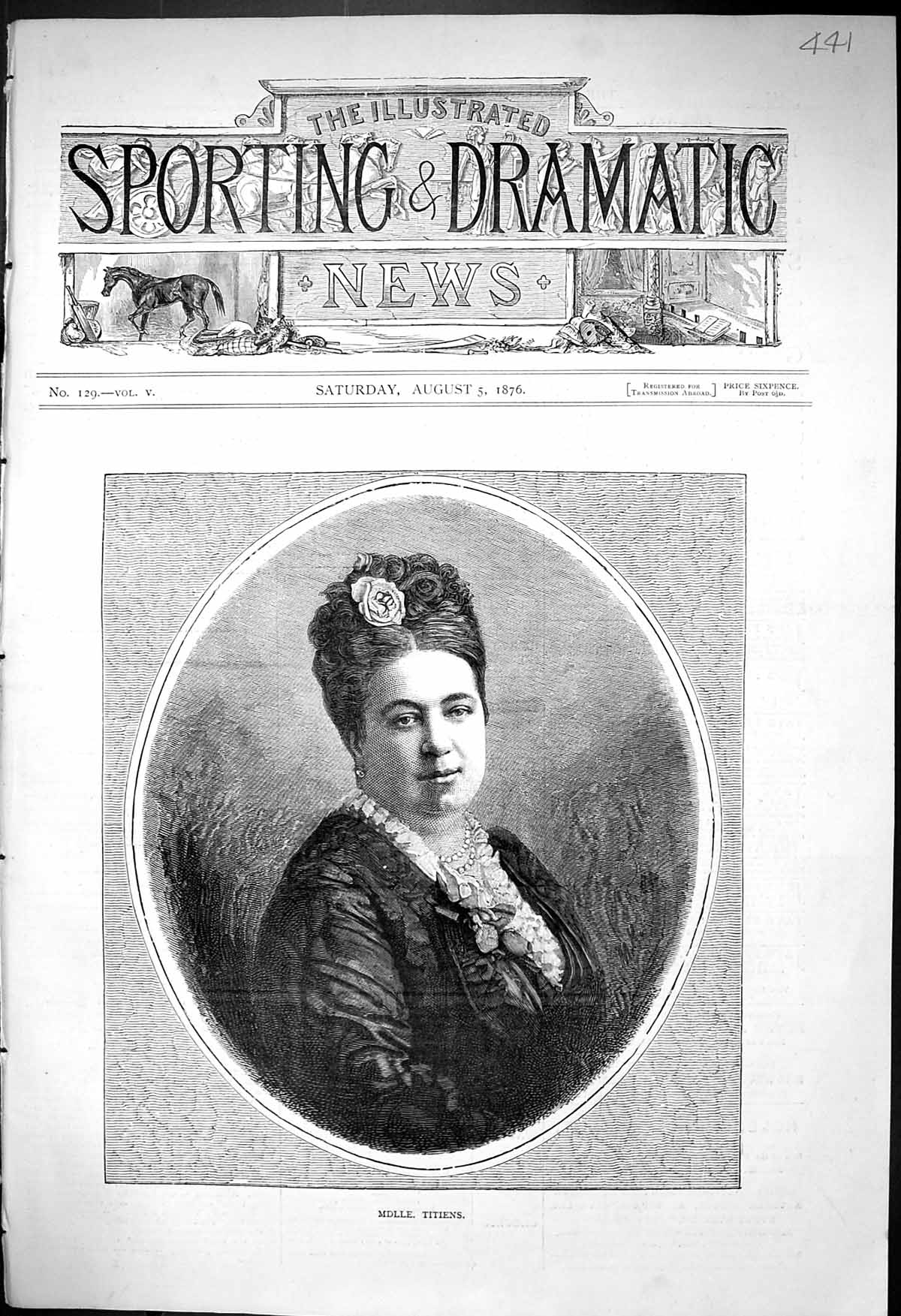 Original Old Antique Print 1876 Portrait Mdlle. Titiens Beautiful Woman 19th