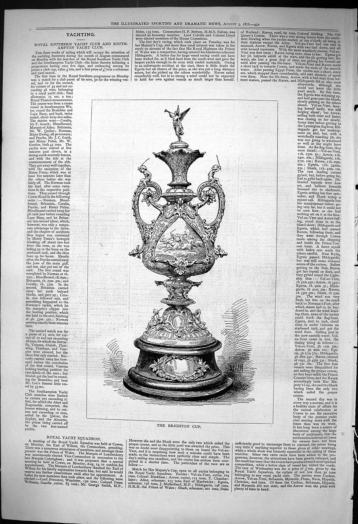 Original Old Antique Print 1876 Brighton Cup Trophy Prize 19th