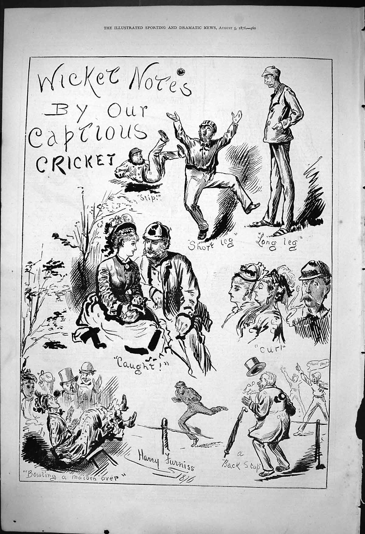 Original Old Antique Print 1876 Wicket Notes Captious Cricket Sport Men Furniss