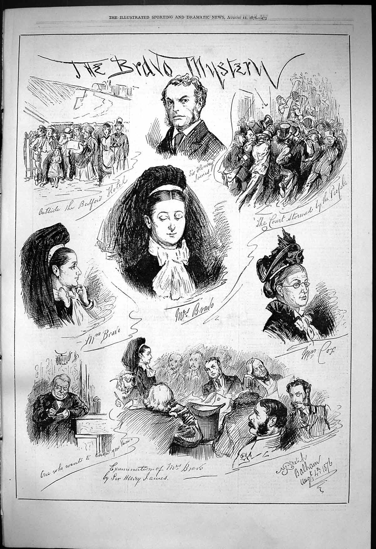 Original Old Antique Print 1876 Bravo Mystery Theatre Bedford Hotel Fox Actors