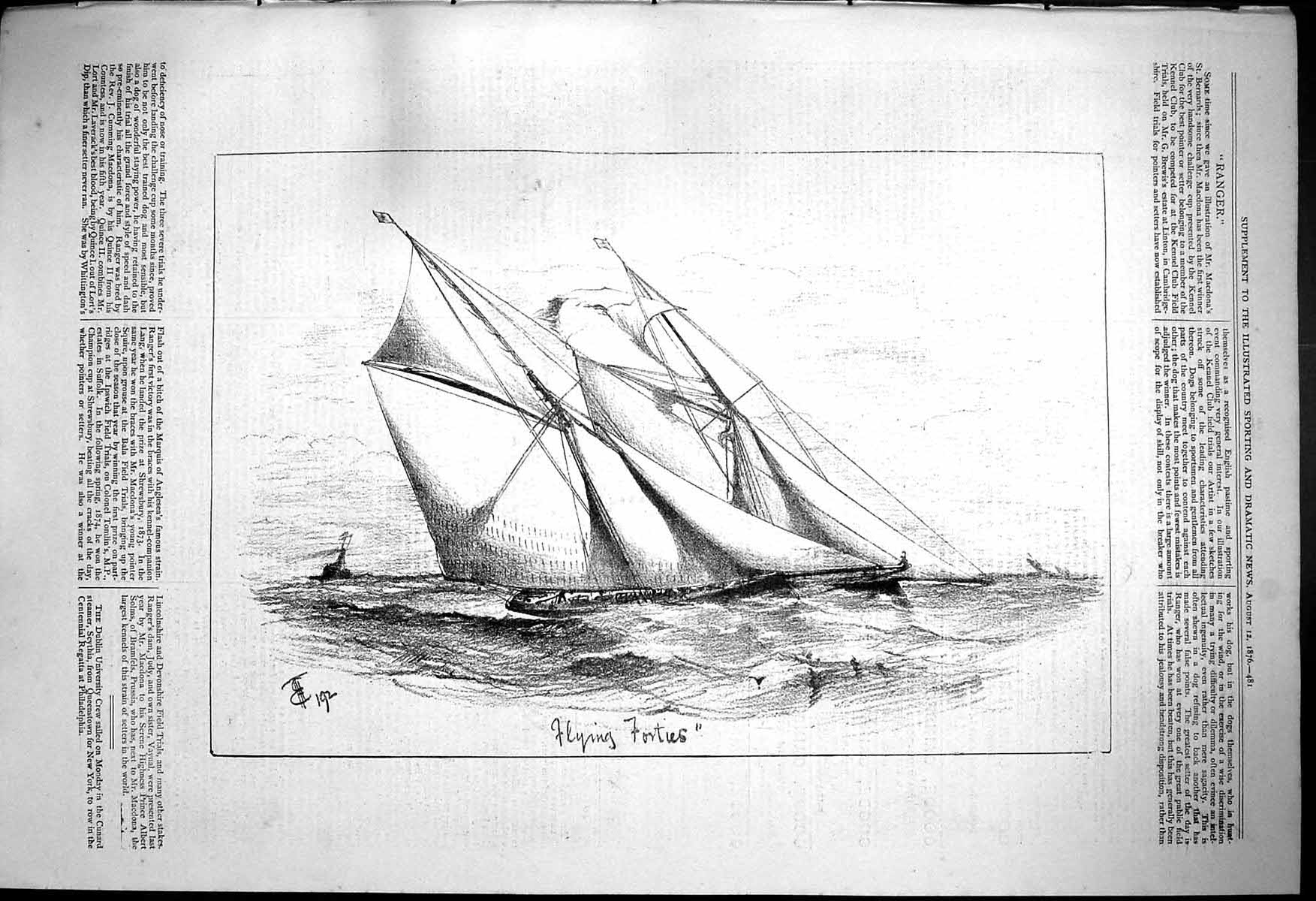 Original Old Antique Print 1876 Flying Forties Sailing Ship Yacht Victorian