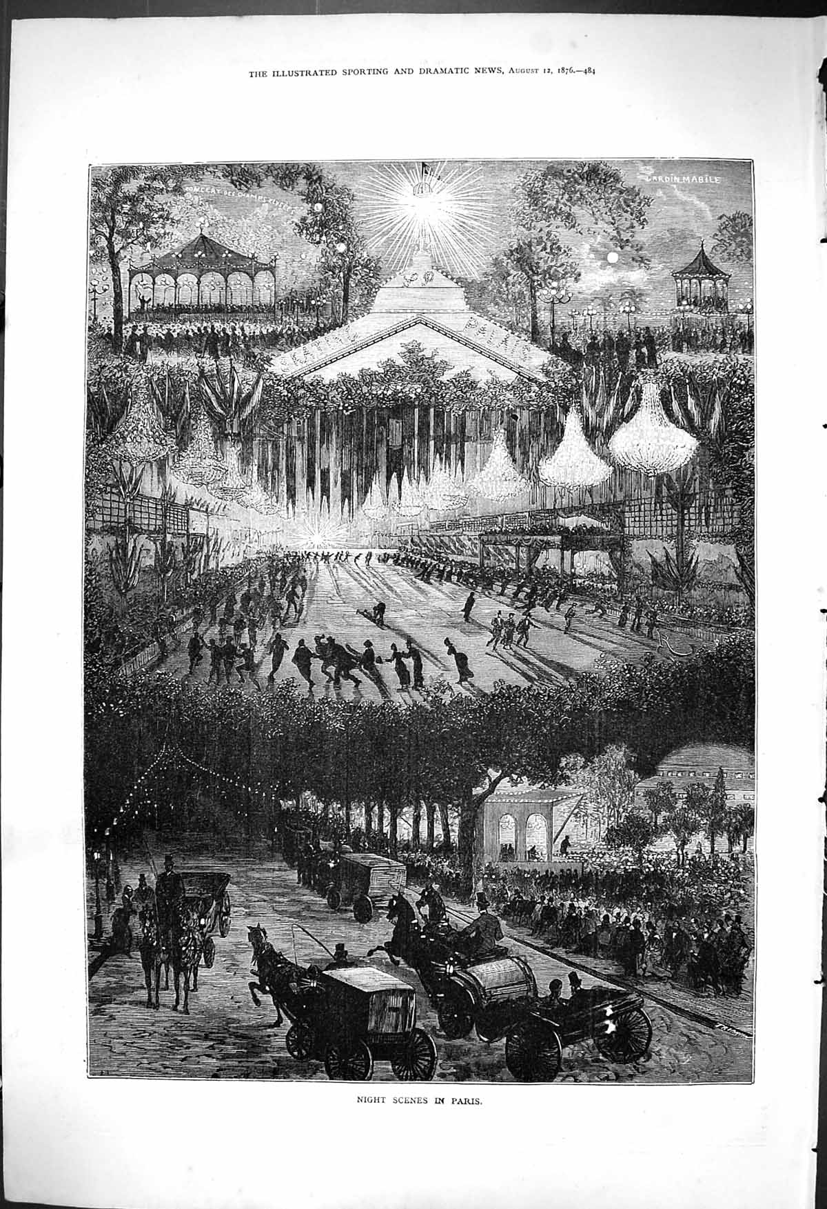 Original Old Antique Print 1876 Night Scene Paris Illuminations France 19th