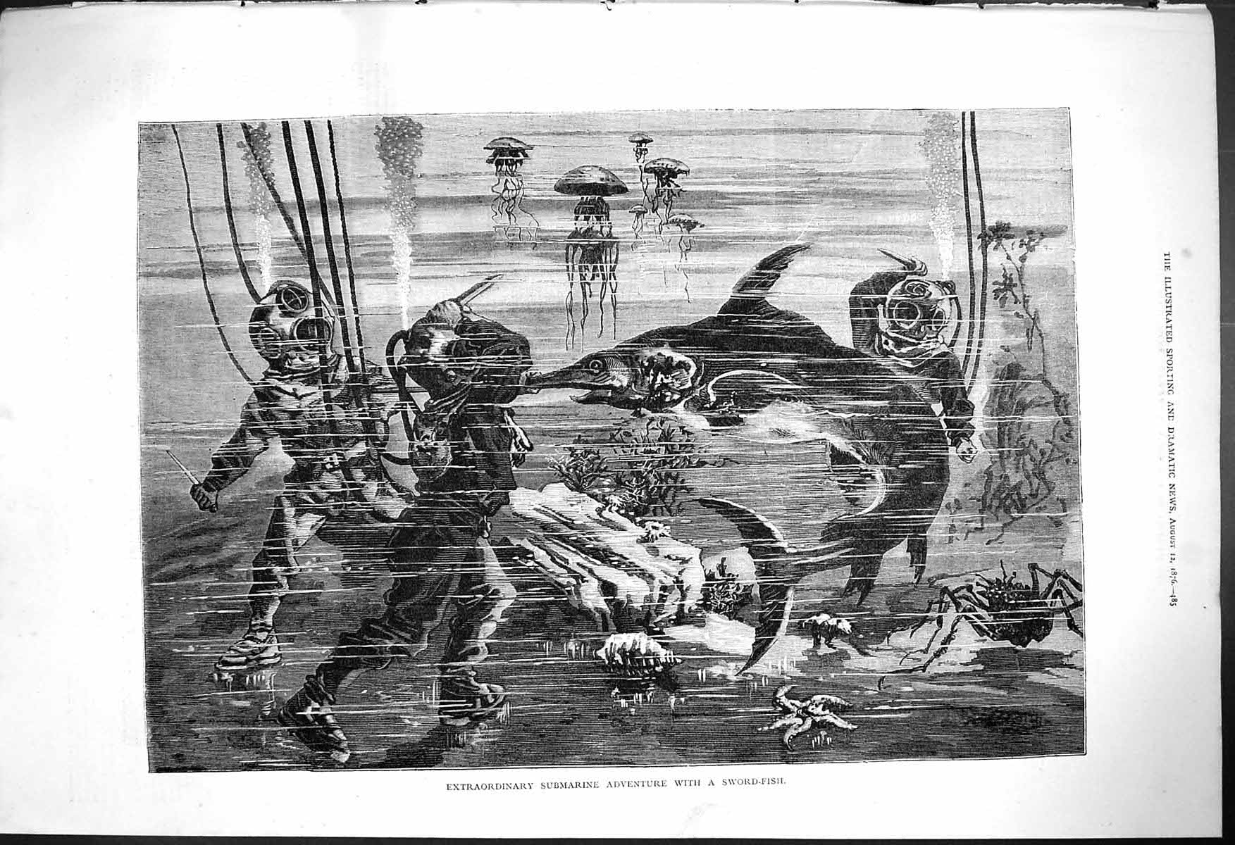Old Print 1876 Extraordinary Submarine Adventure Sword Fish Divers Suits 19th