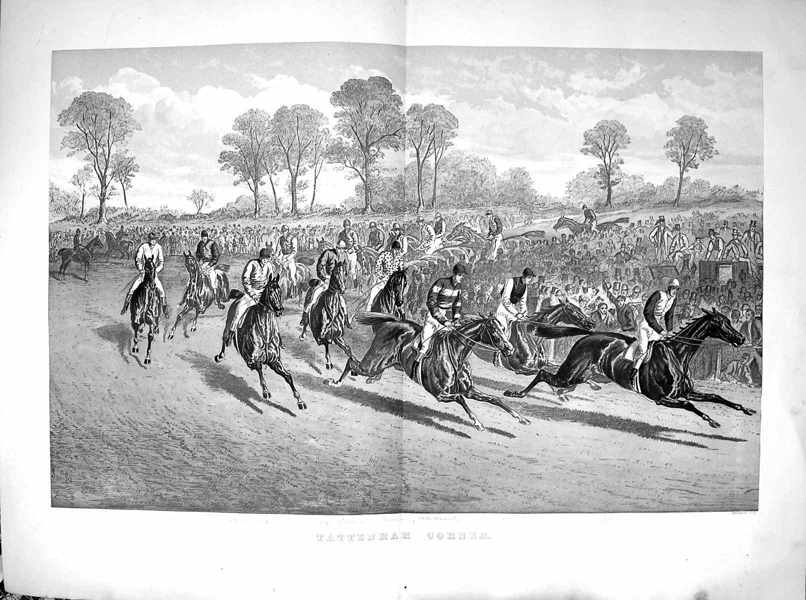 Old 1876 Colour Tattenham Corner Petrach Skylark Horses Jockeys Sport 19th