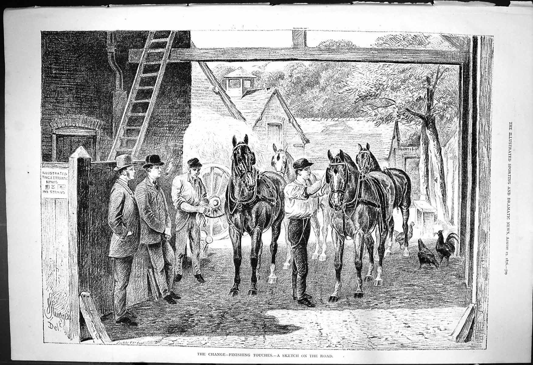 Old Antique Print 1876 Changing Horses Farmyard Scene Finishing Touches 19th