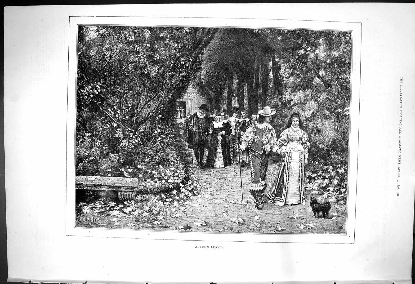 Original Old Antique Print 1876 Autumn Leaves Garden Scene Men Ladies Romance