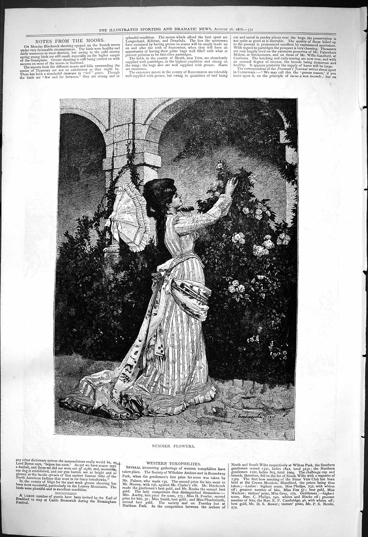 Original Old Antique Print 1876 Summer Flowers Garden Scene Beautiful Woman