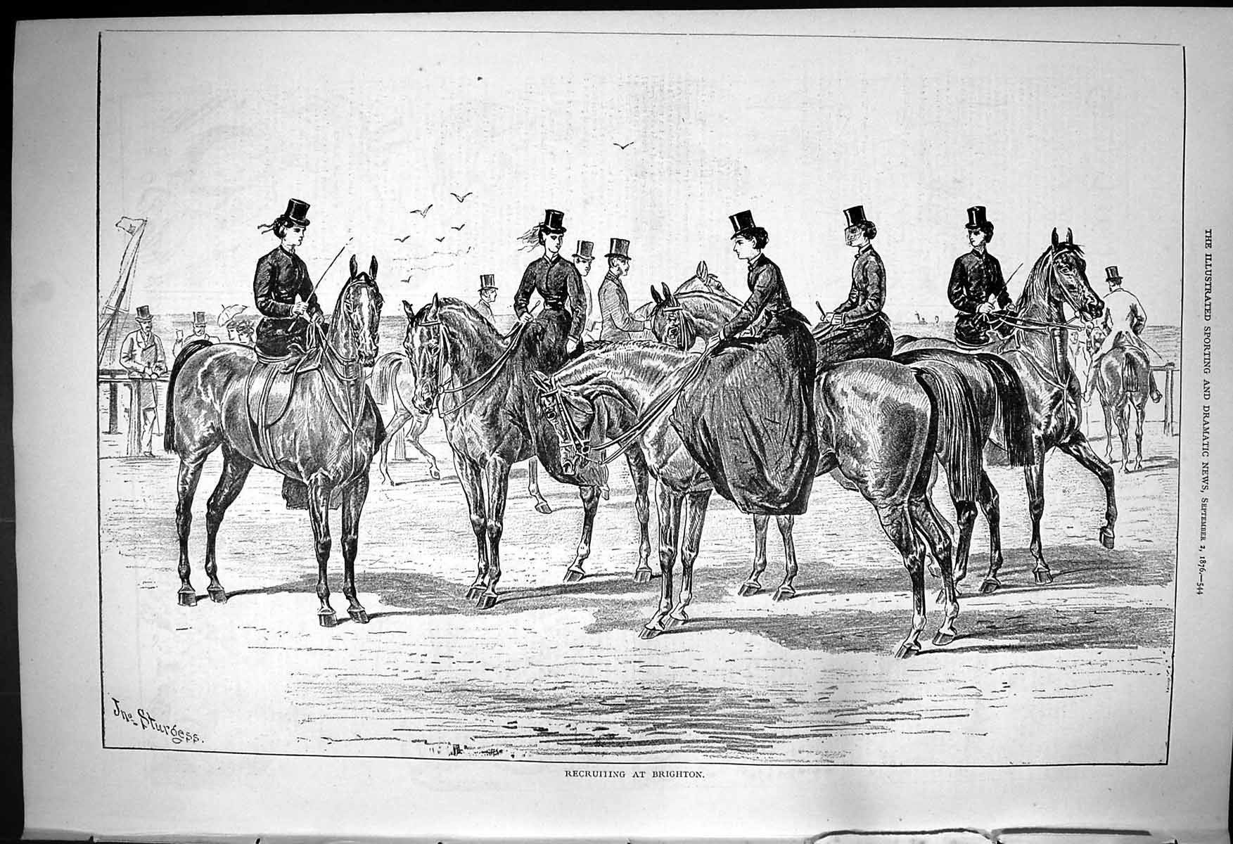 Original Old Antique Print 1876 Horses Ladies Recruiting Brighton Victorian