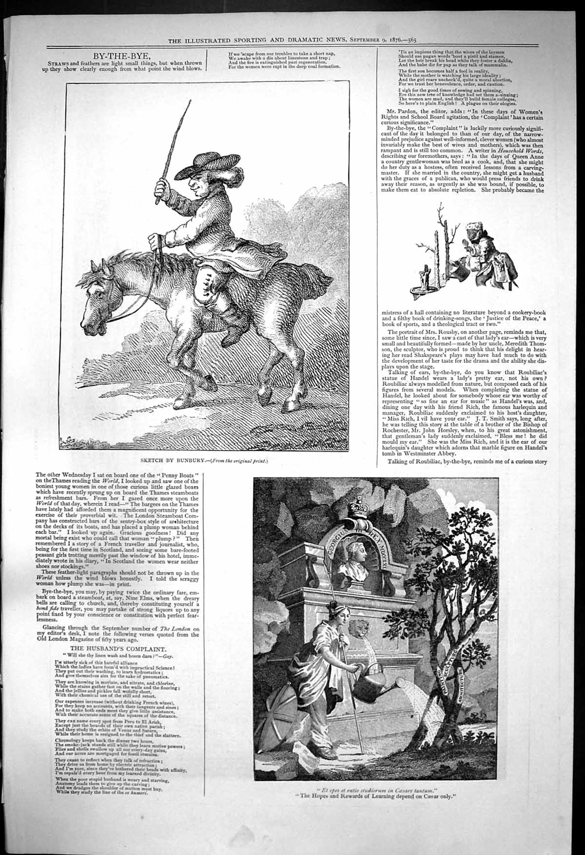 Antique Old Print 1876 Beautiful Woman Watering Can Man Horse Sketch Bunbury