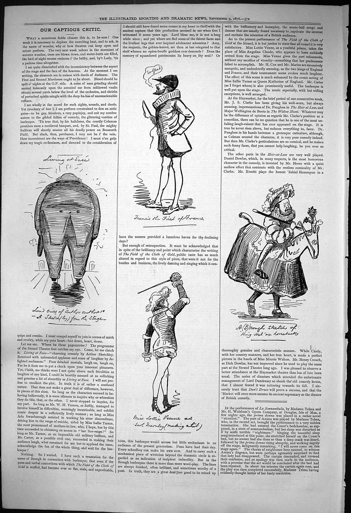 Antique Old Print 1876 Captious Critic Theatre Lottie Venne Francis France 19th