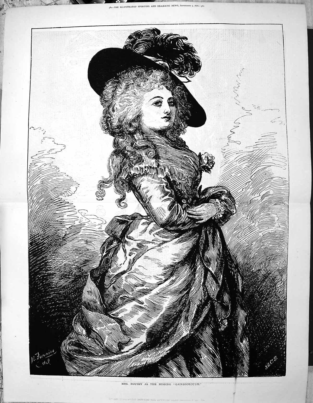 Old Print 1876 Portrait Mrs Rousby Missing Gainsborough Beautiful Woman 19th