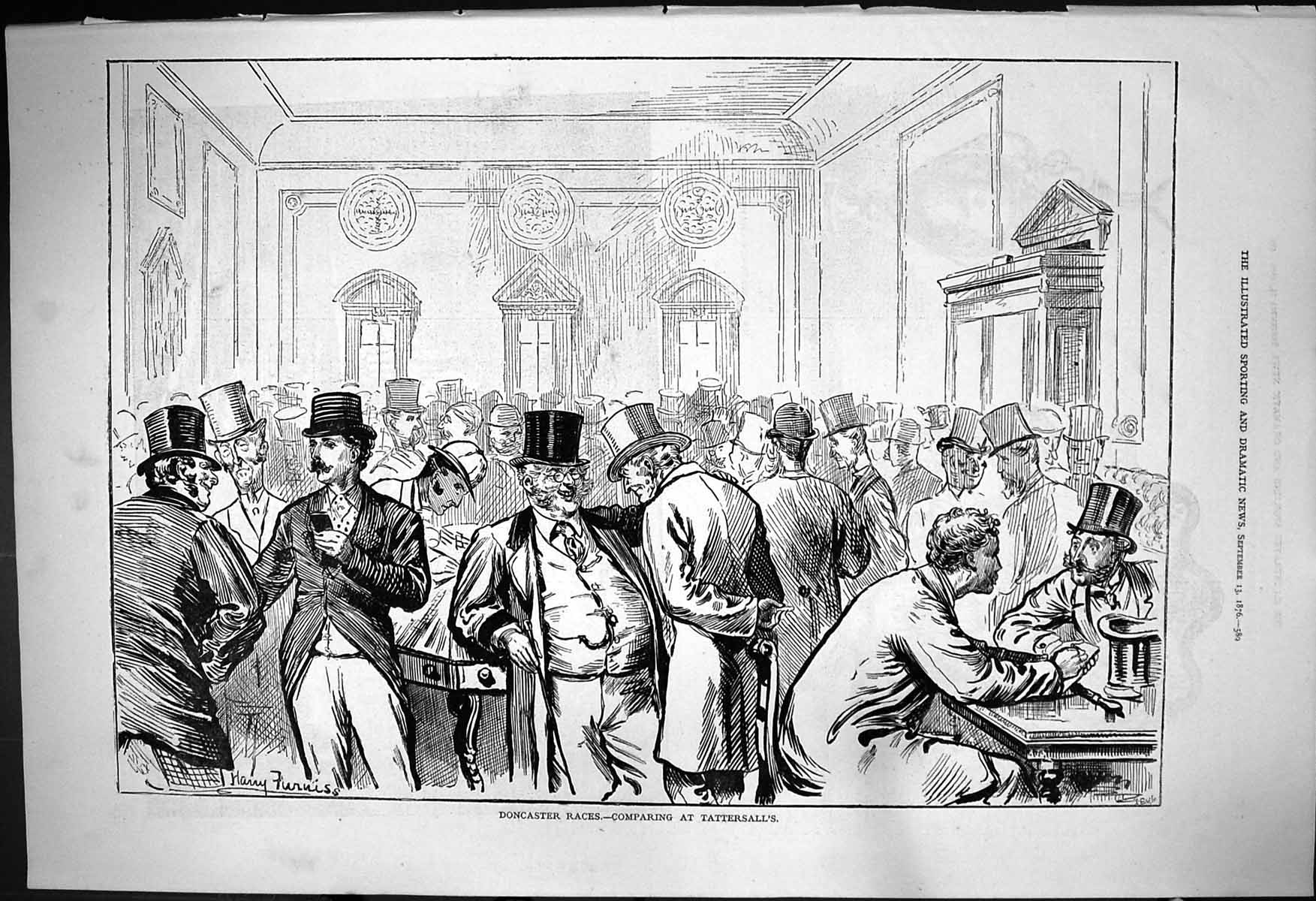 Original Old Antique Print 1876 Doncaster Horse Racing Comparing Tattersalls