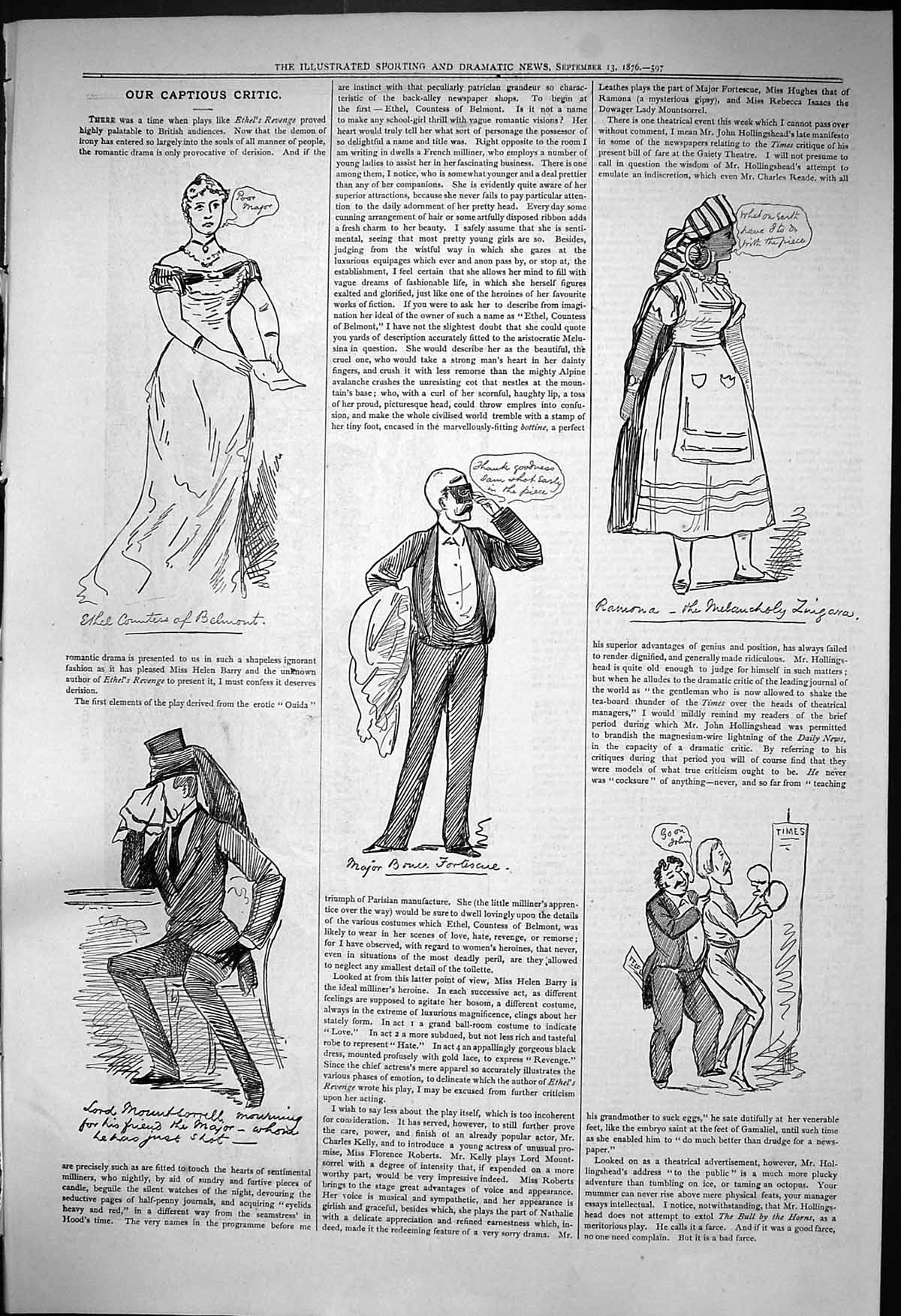 Old Antique Print 1876 Captious Critic Theatre Countess Belmont Fortescue 19th