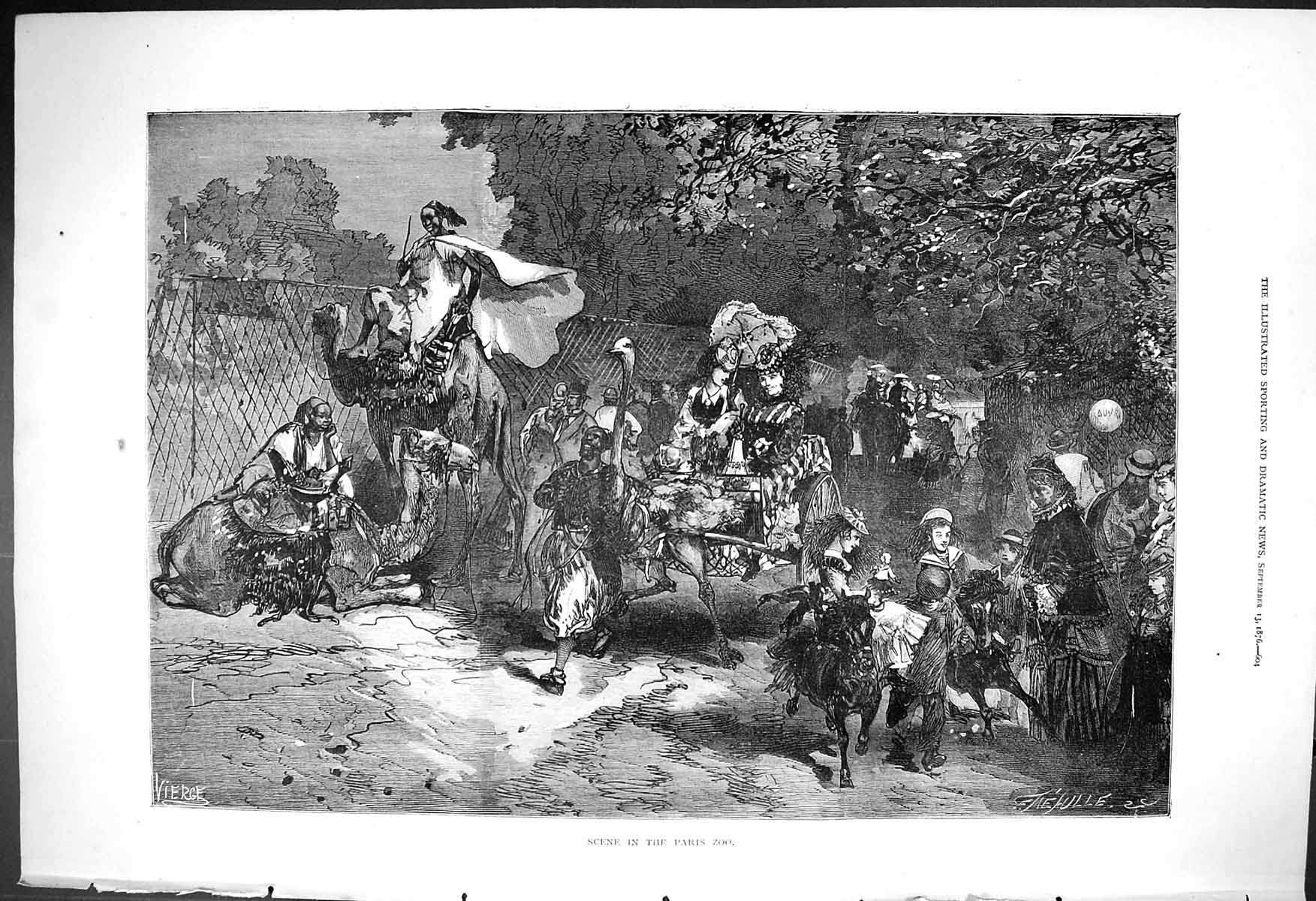 Antique Old Print 1876 Scene Paris Zoo France Camels Ostrich Chidlren Ponies