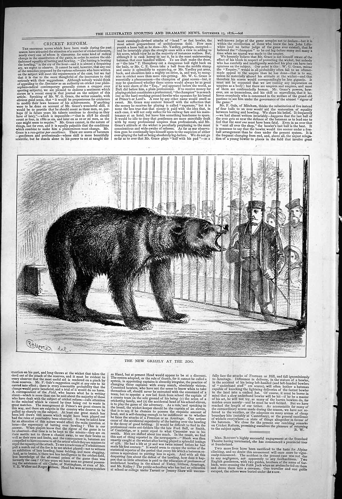 Antique Old Print 1876 New Grizzly Bear Zoological Gardens Zoo Keeper Animals