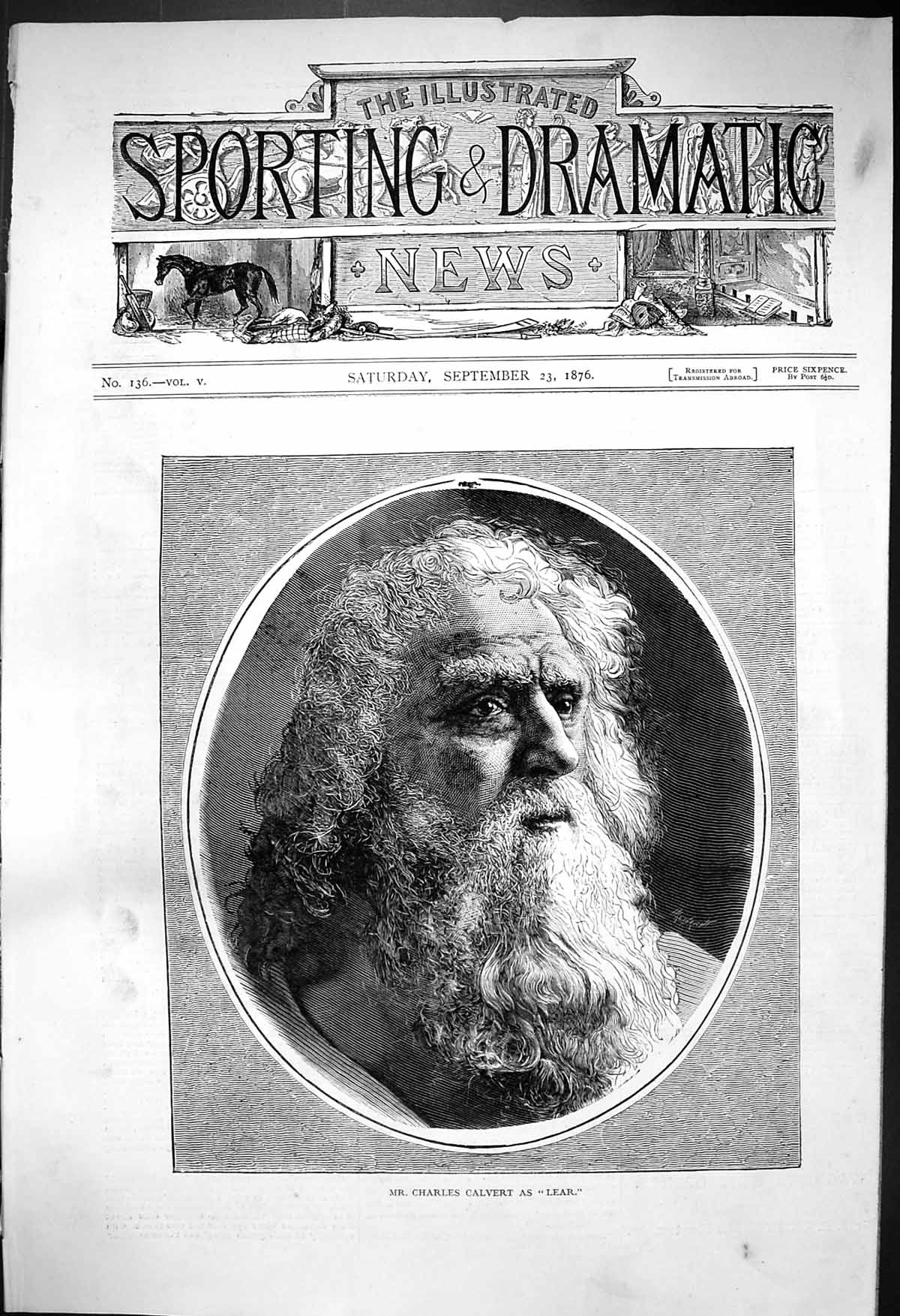 Original Old Antique Print 1876 Portrait Mr Charles Calvert Lear Theatre Actor