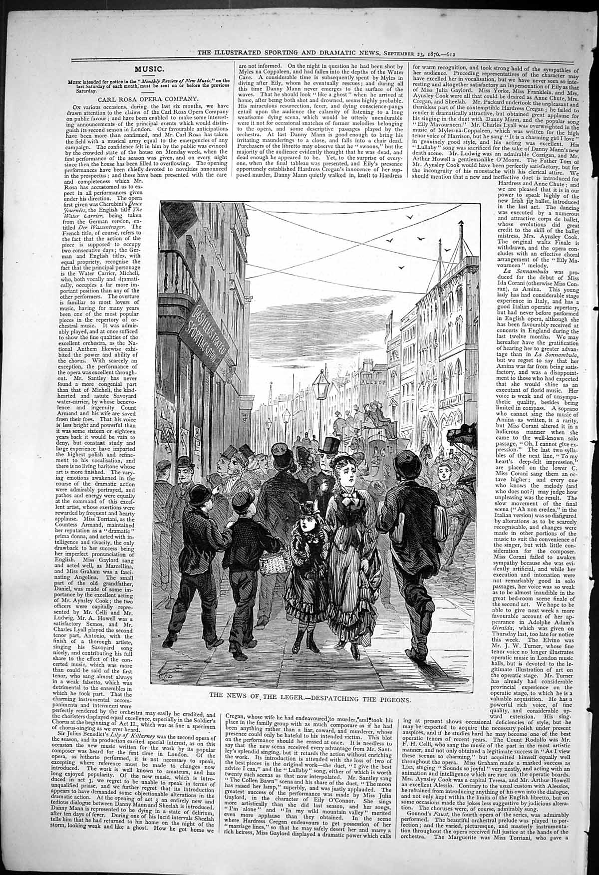 Old Antique Print 1876 Street Scene News Leger Despatching Pigeons Birds 19th