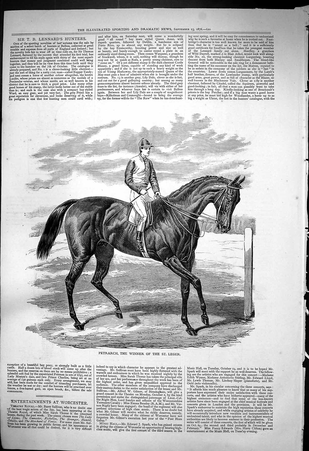 Original Old Antique Print 1876 Petrarch Horse Jockey Winner St. Leger Sport
