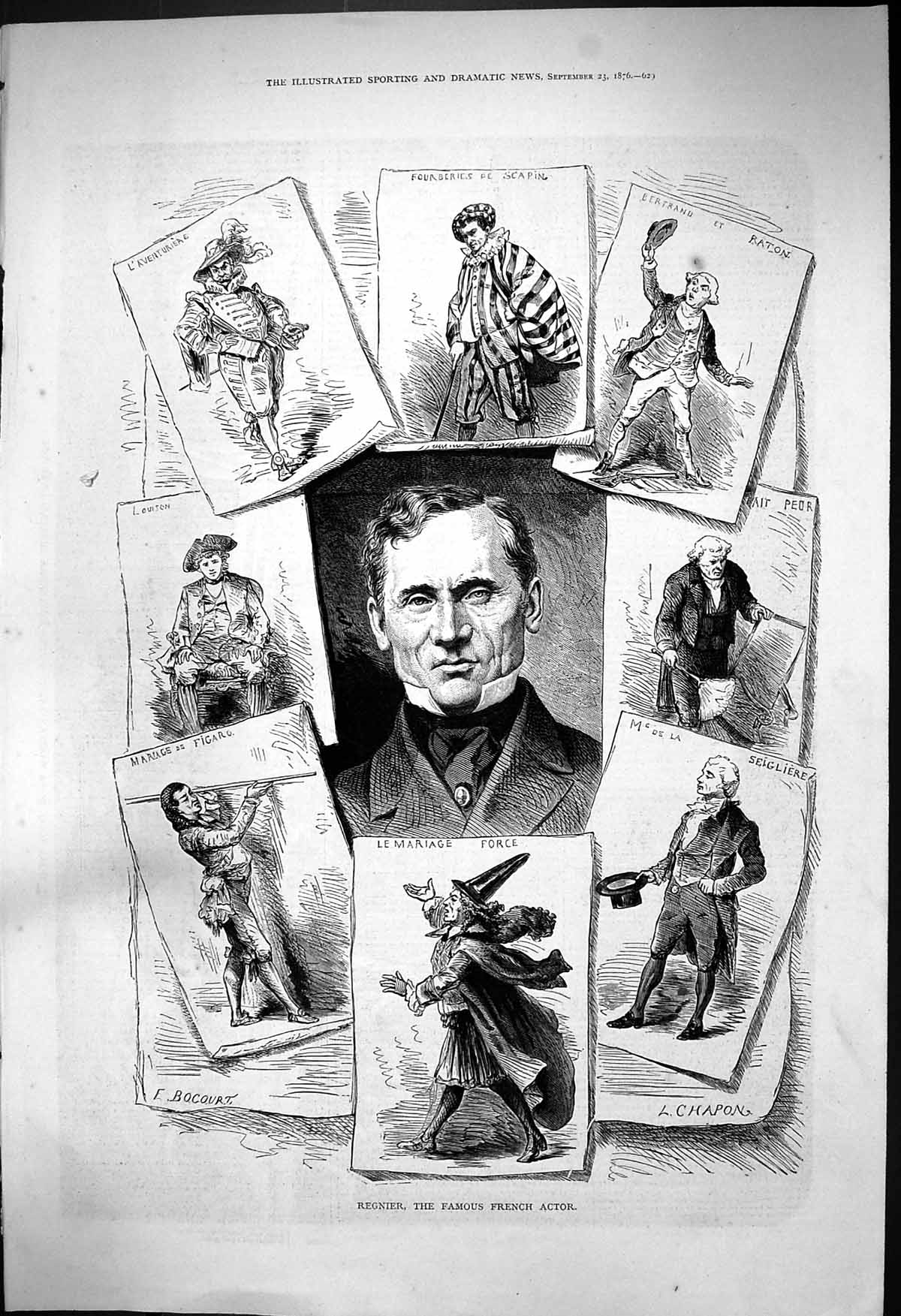 Original Old Antique Print 1876 Portrait Regnier Famous French Actor Theatre
