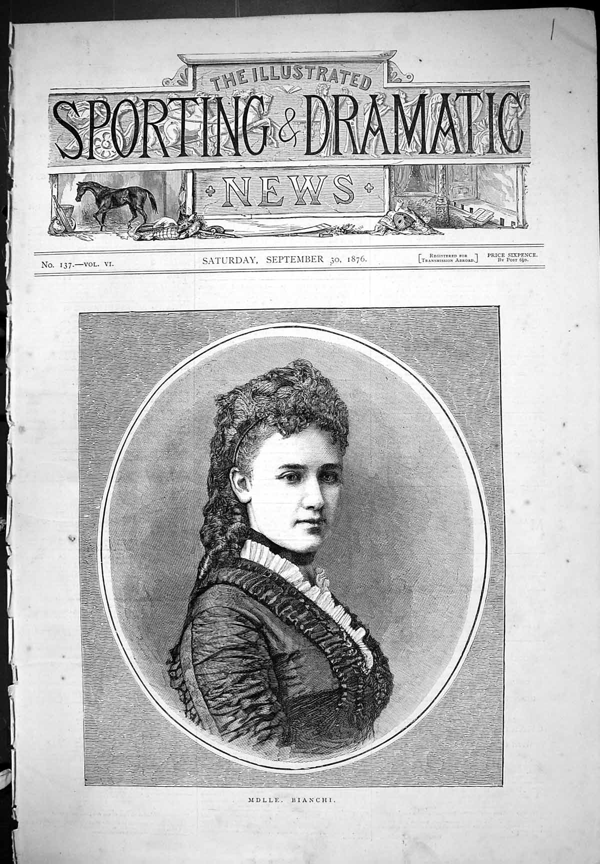 Original Old Antique Print Bianchi Beautiful Woman Portrait 1876 19th