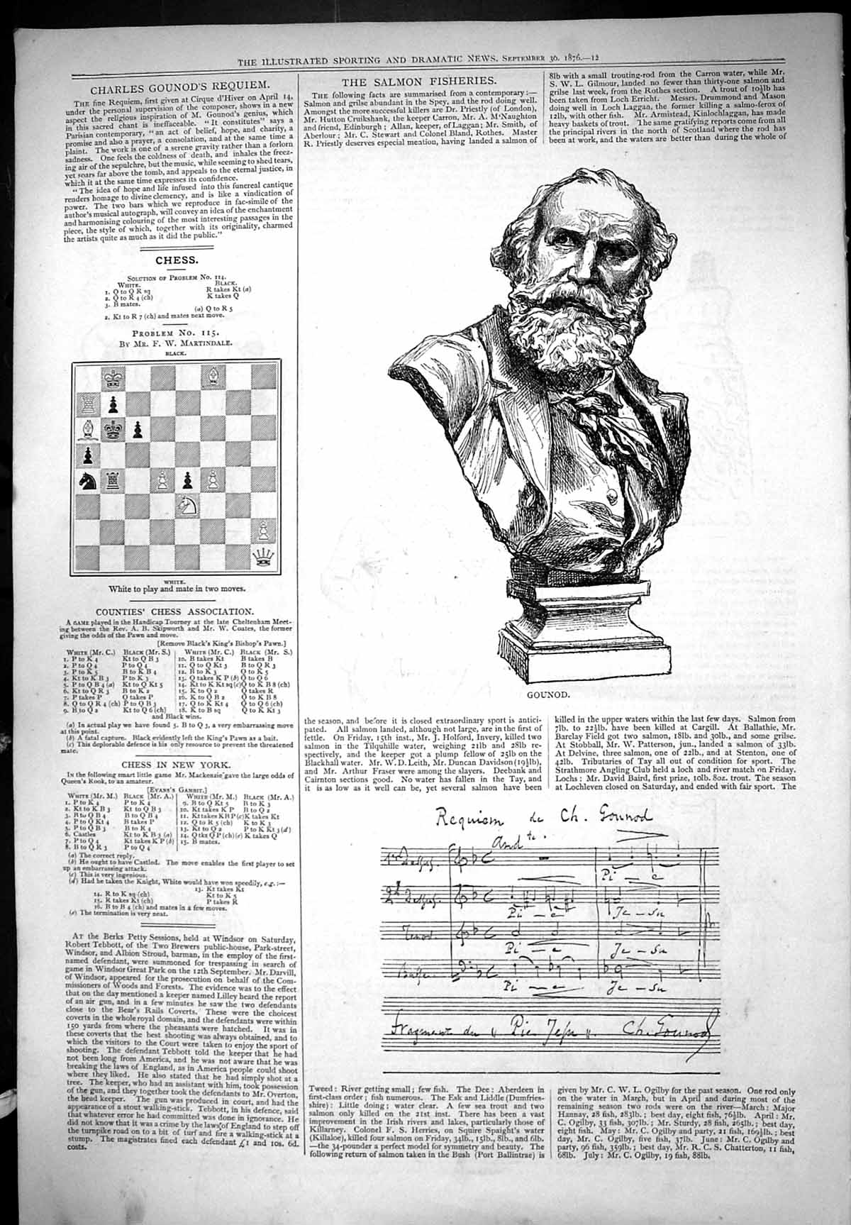 Old Antique Print Charles Gounod Requiem Music Bust Salmon Fisheries 1876 19th