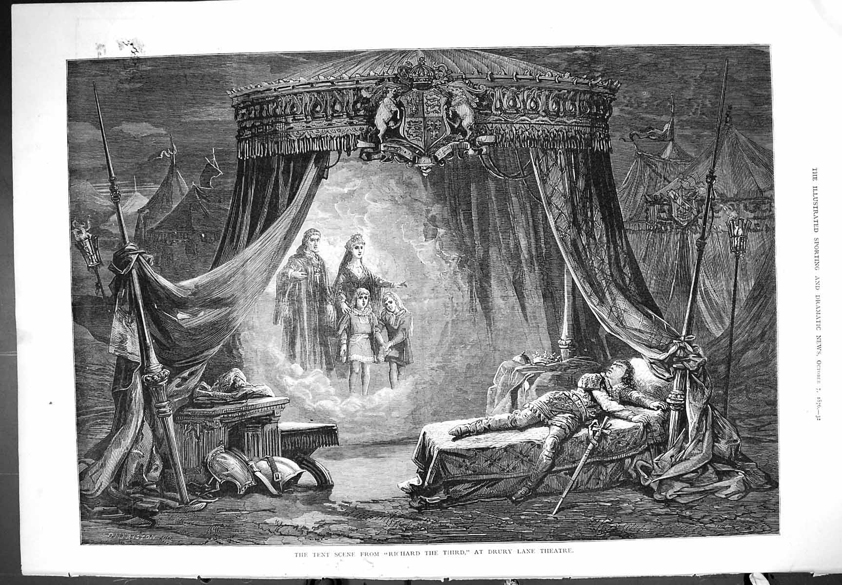 Original Old Antique Print Richard The Third Tent Scene Drury Lane Theatre 1876