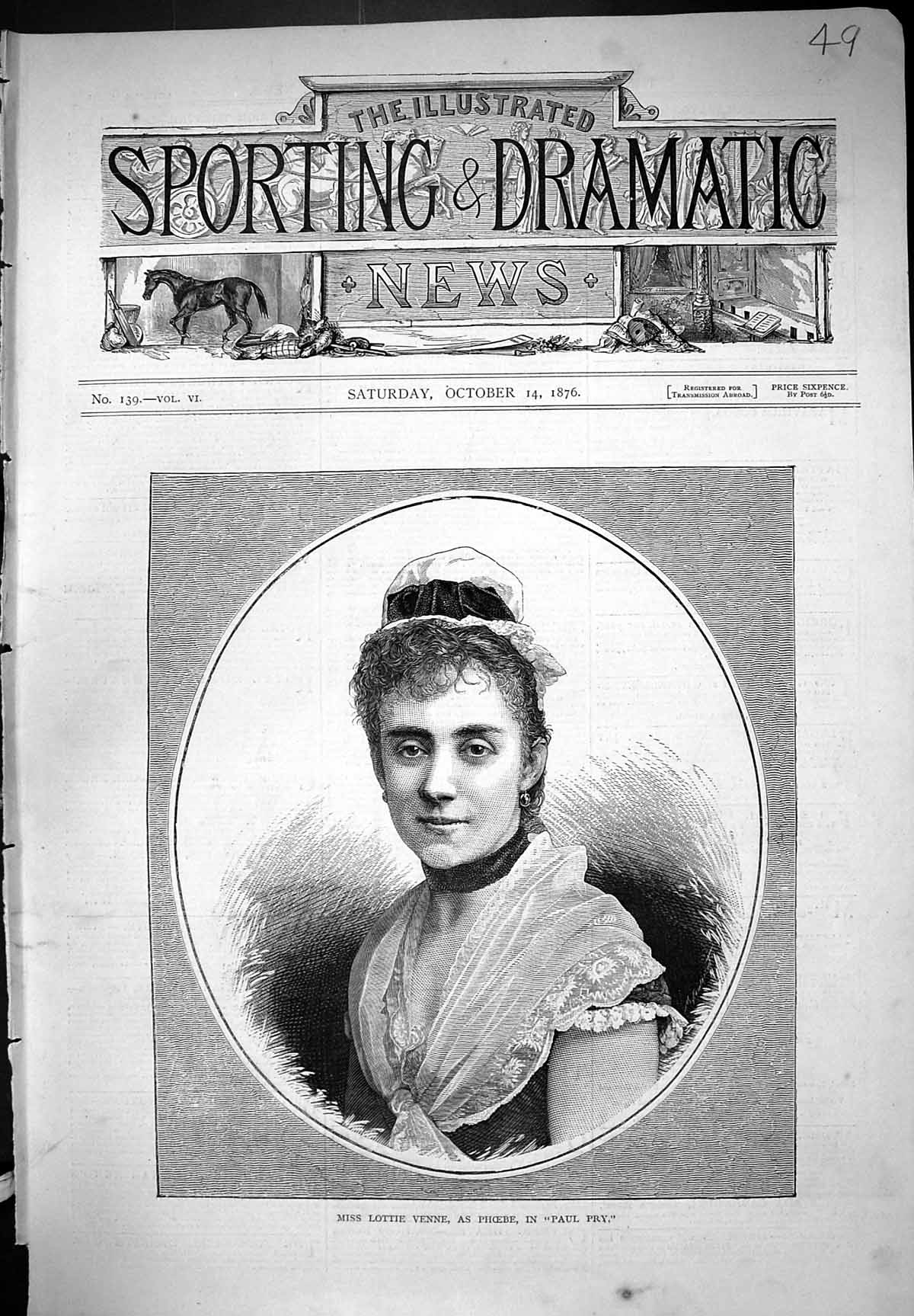 Old Print Miss Lottie Venne Phoebe Paul Pry Beautiful Woman Portrait 1876 19th