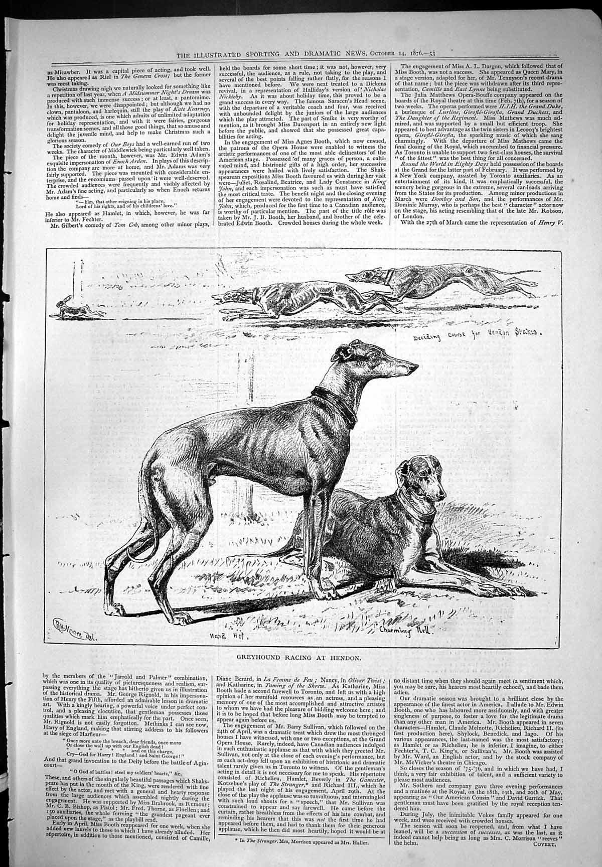 Original Old Antique Print Greyhound Dog Racing Hendon Sport Animals 1876 Moore