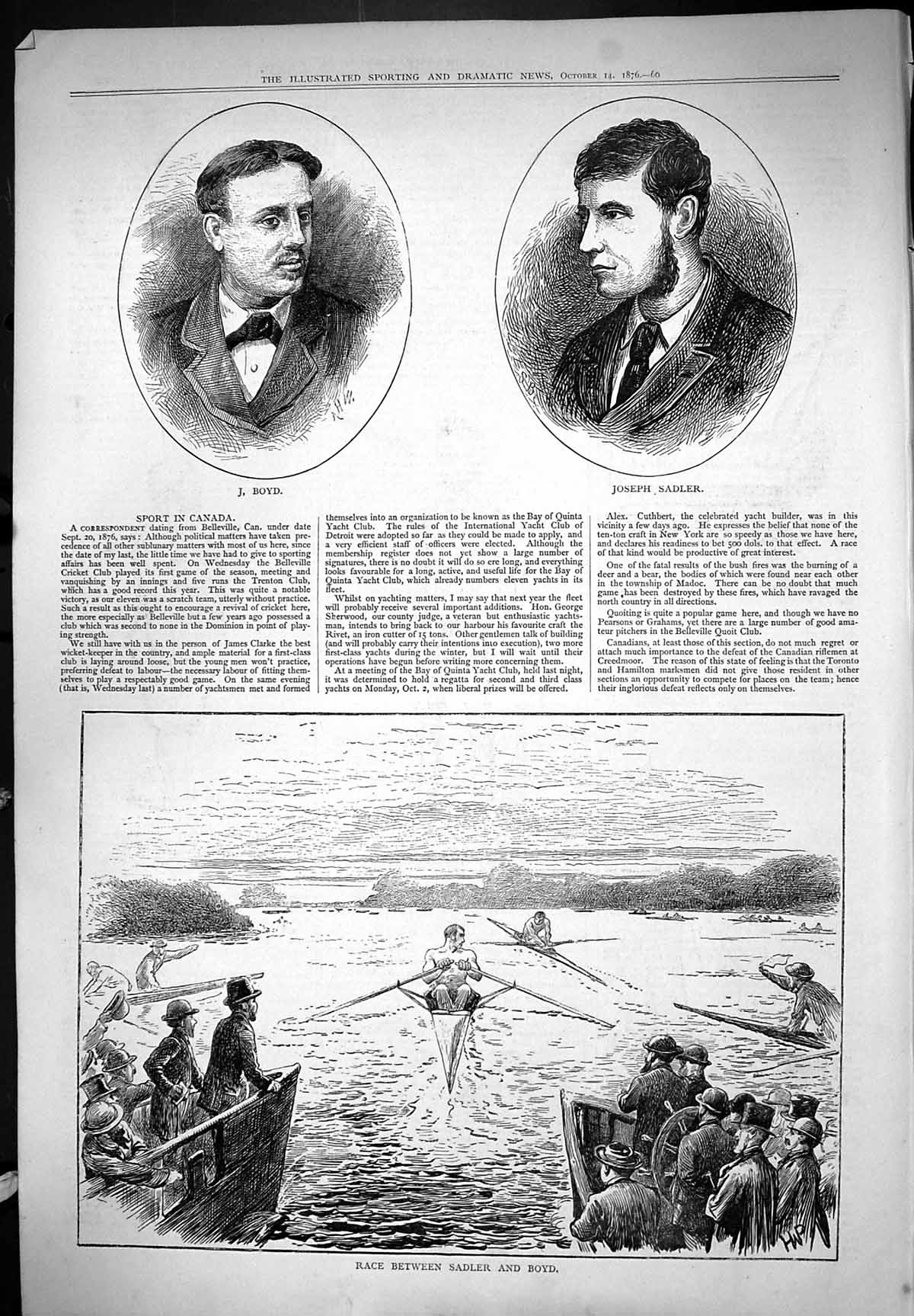 Antique Old Print Sport Boat Race Between Boyd Joseph Sadler Portrait 1876 19th