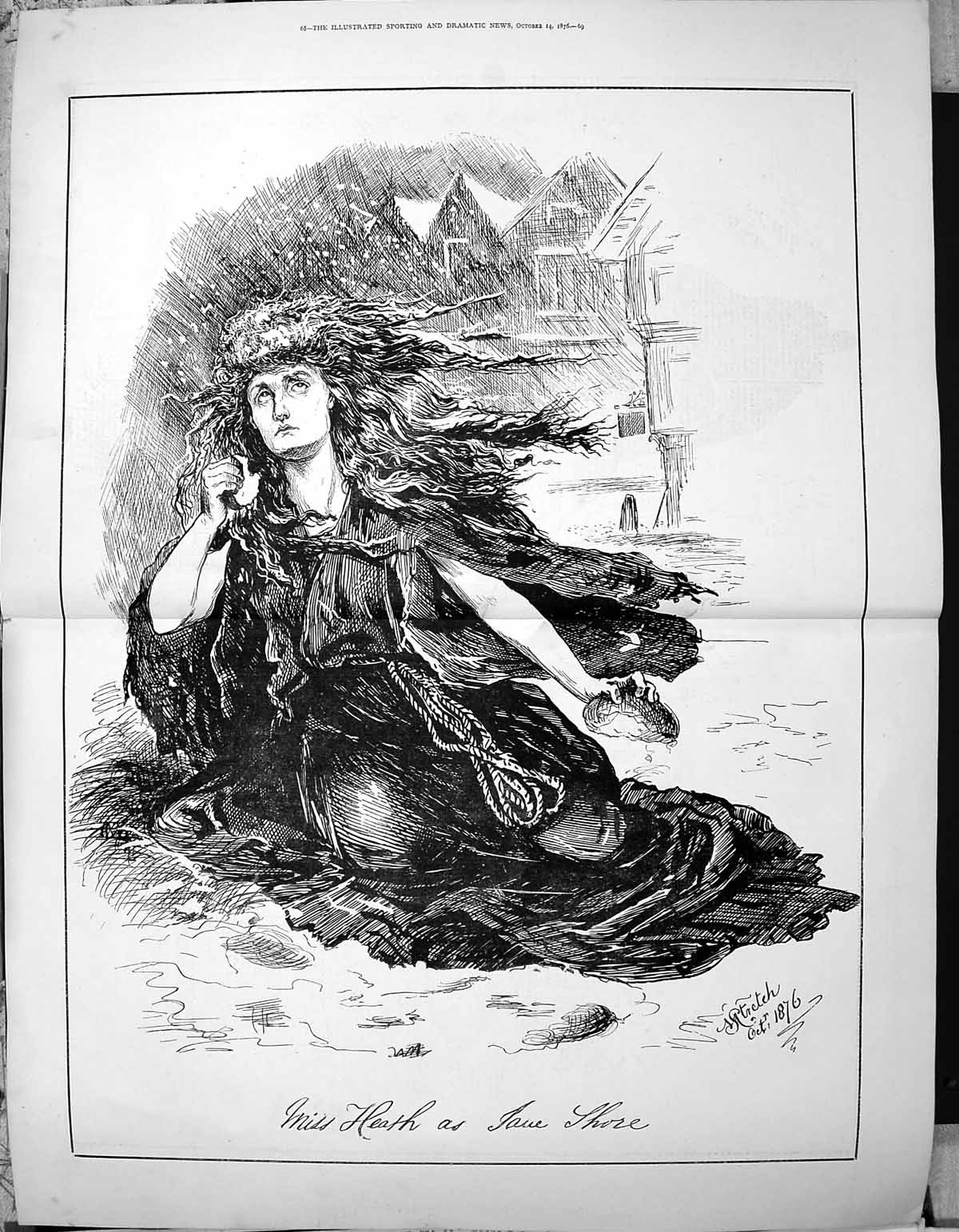 Original Old Antique Print Heath Shore Theatre Actress 1876 Stretch 0 Victorian
