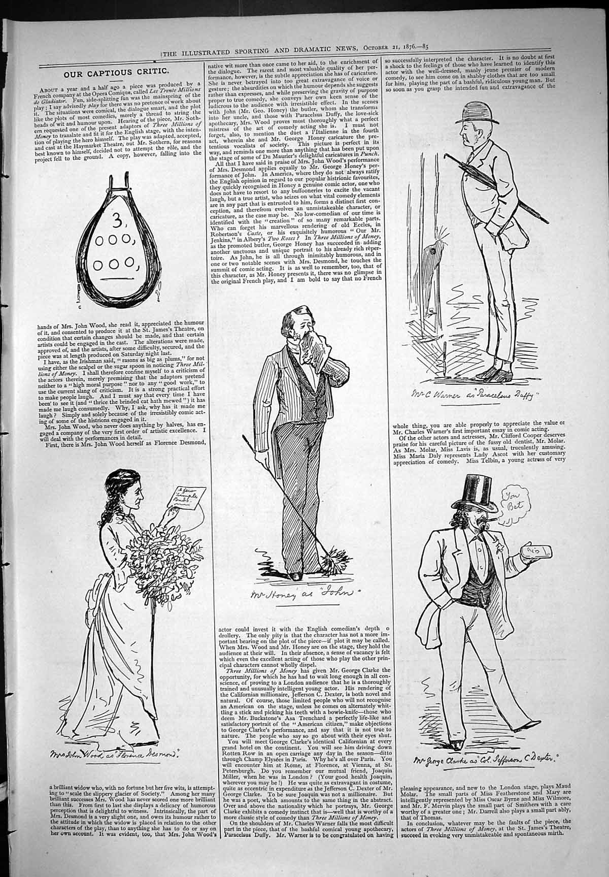 Old Print Captious Critic Theatre 1876 Wood Florence Desmond Honey Clarke 19th