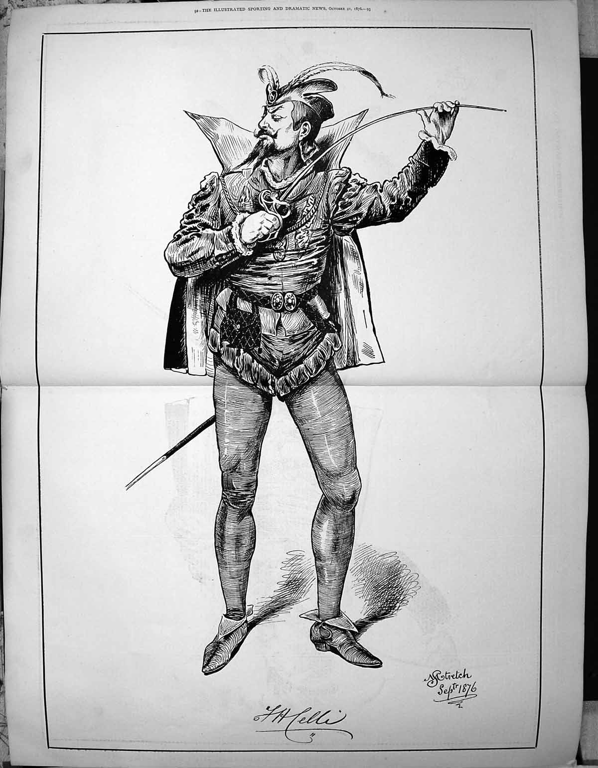 Original Old Antique Print Theatre Actor Fancy Costume 1876 Stretch 0 Victorian
