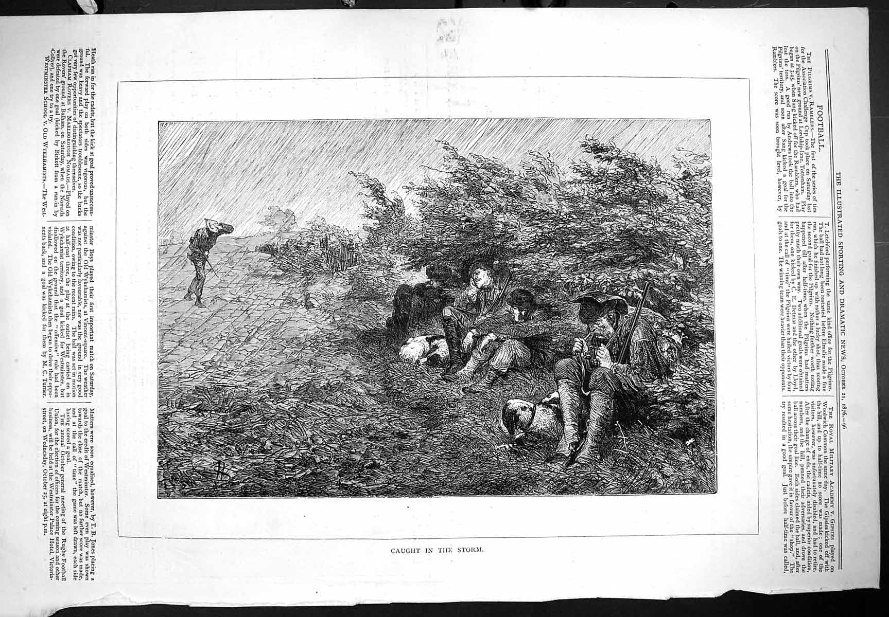 Antique Old Print Caught In The Storm Stormy Weather Scene Hunting Sport 1876