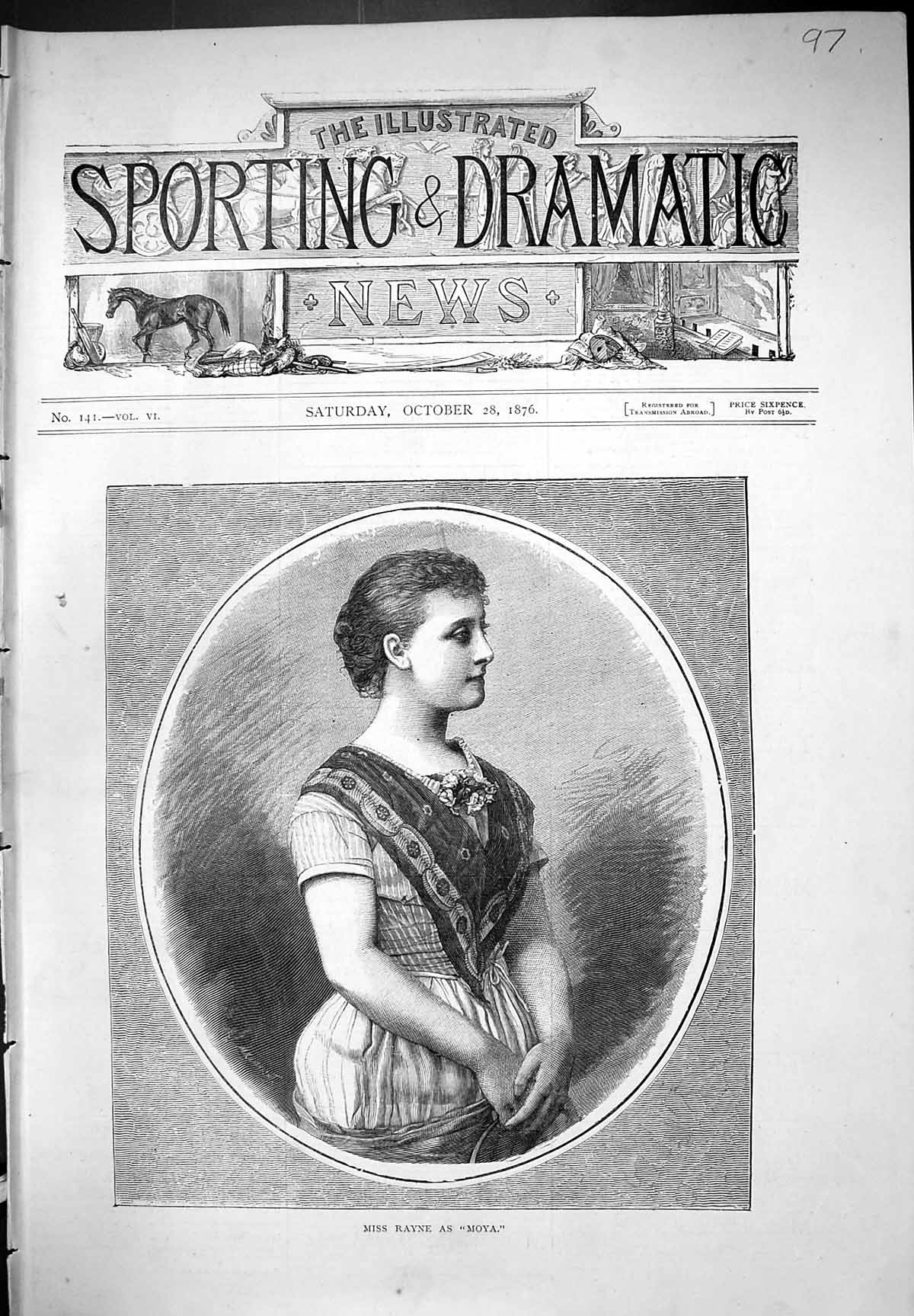 Original Old Antique Print Miss Rayne As Moya Beautiful Woman Portrait 1876