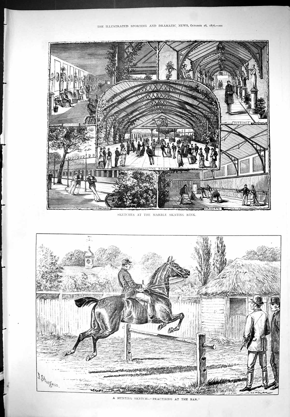 Old Sketches Marble Skating Rink Hunting Horse Jumping Sturgess 1876 Victorian