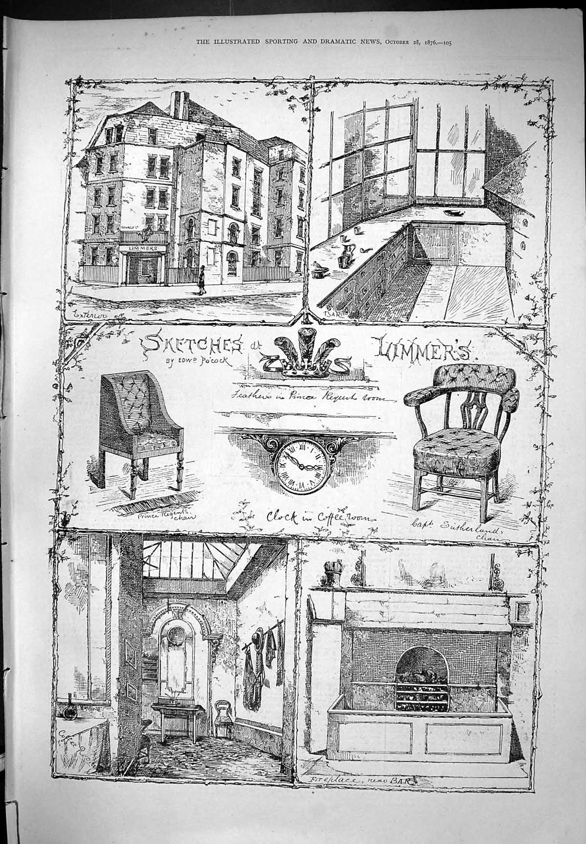 Old Print Limmers Interior Sketches Fireplace Clock Coffee Room Bar 1876 19th