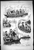 Antique Old Print Fishing On Thames Boat Men Women Sport Family Romance 1876