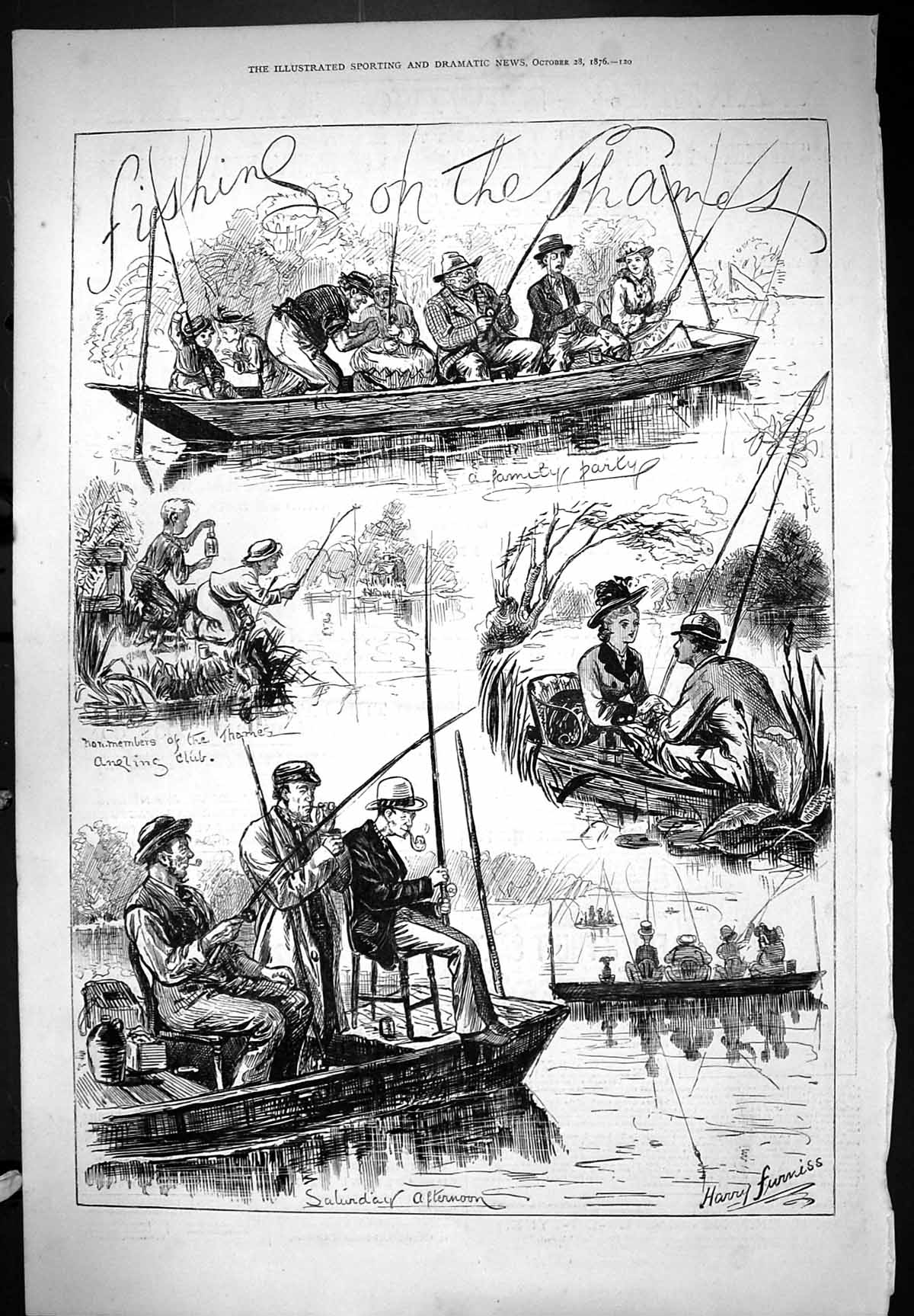 Antique Old Print Fishing On Thames Boat Men Women Sport Family Romance 1876
