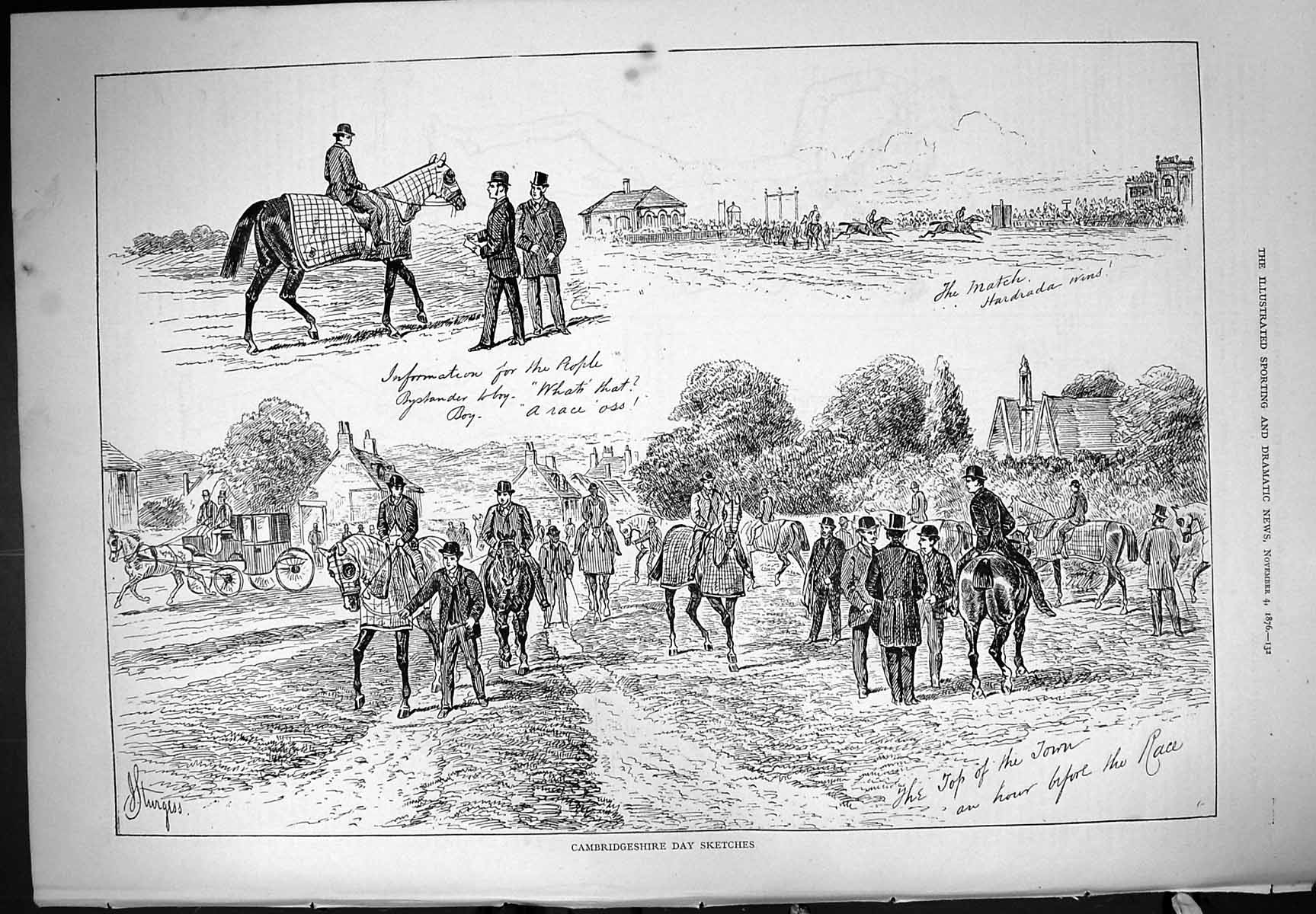 Antique Old Print Cambridgeshire Day Sketches Horse Race Sport 1876 Sturgess