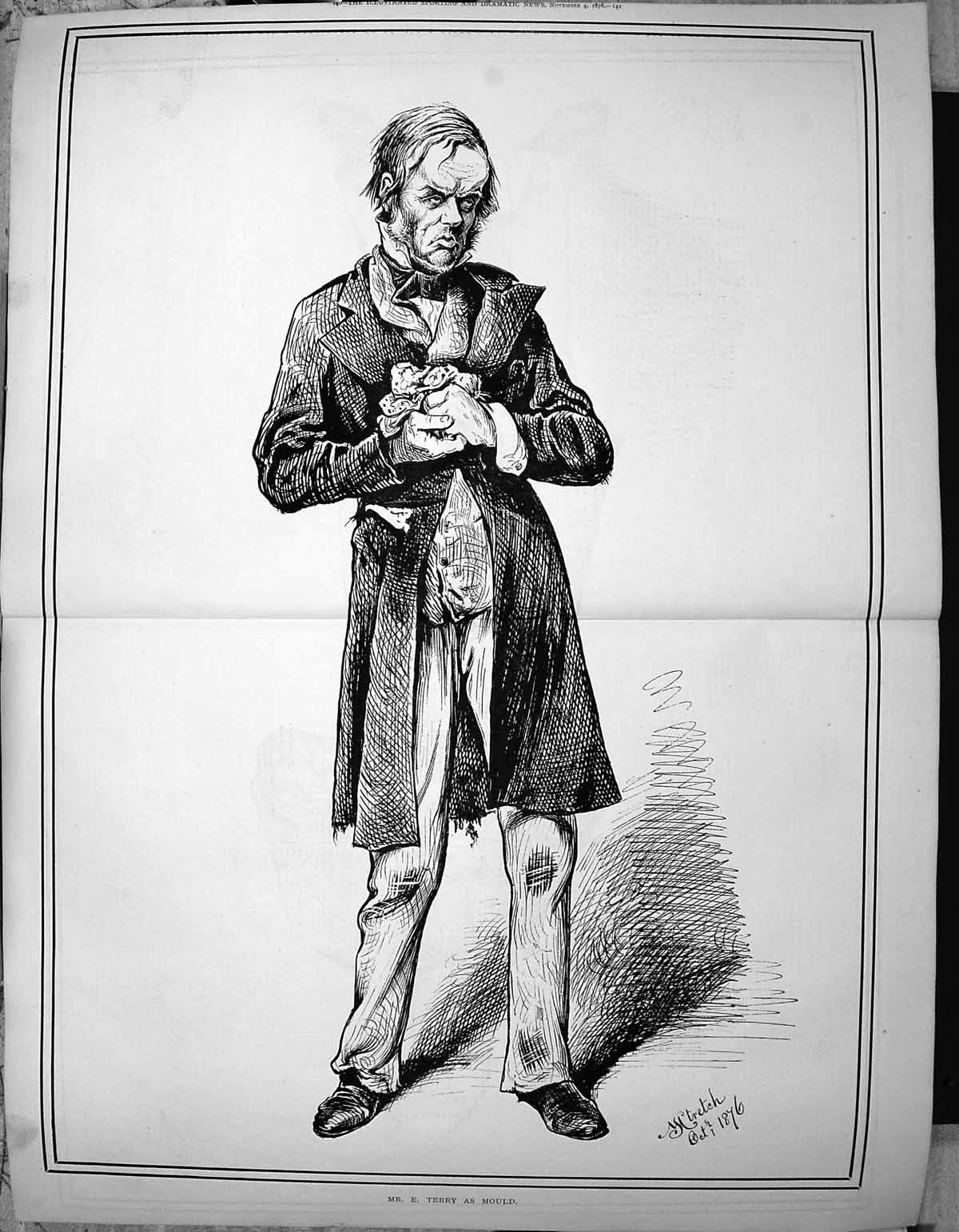 Original Old Antique Print Terry As Mould Theatre Actor 1876 StretchVictorian
