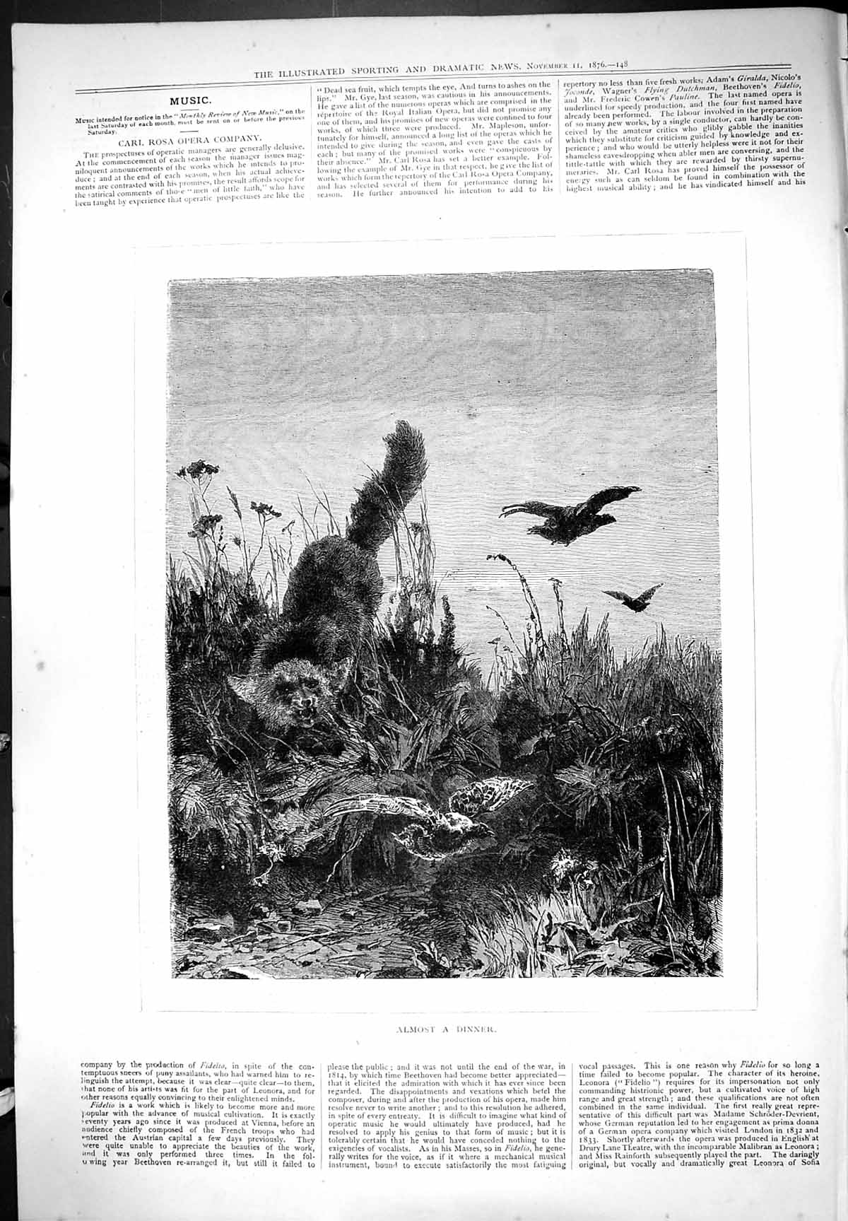 Original Old Antique Print Almost A Dinner Fox Hunting Bird Animals 1876 19th