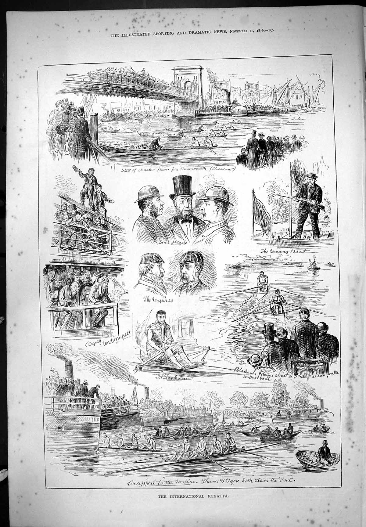 Original Old Antique Print International Regatta Row Boat Race Sport 1876 19th