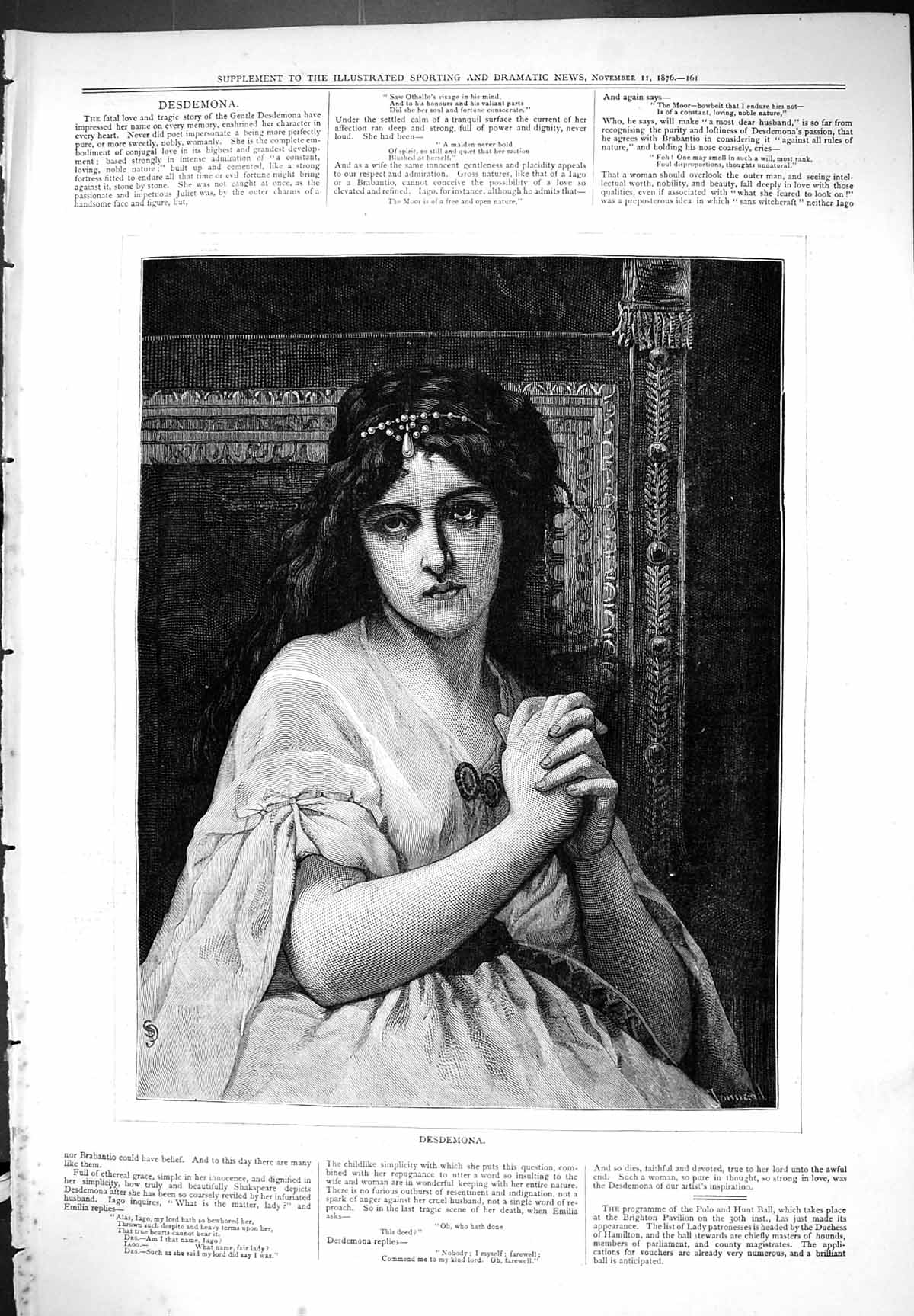 Antique Old Print Desdemona Beautiful Woman Crying Sad Emotional Upset 1876